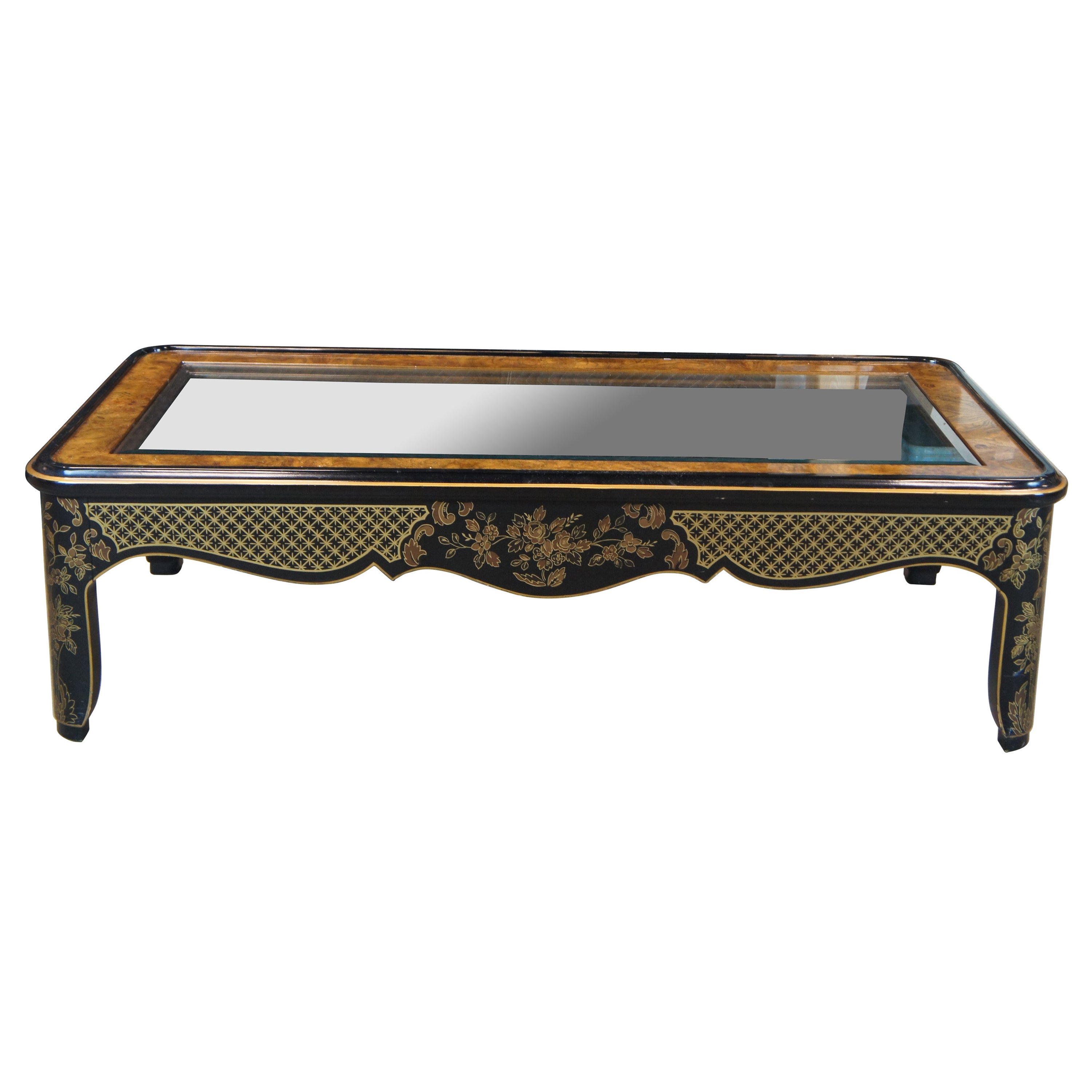 Drexel Heritage Et Cetera Chinoiserie Black Lacquer Ash Burl Glass Coffee Table