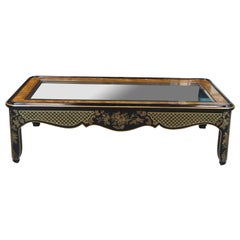 Drexel Heritage Et Cetera Chinoiserie Black Lacquer Ash Burl Glass Coffee Table