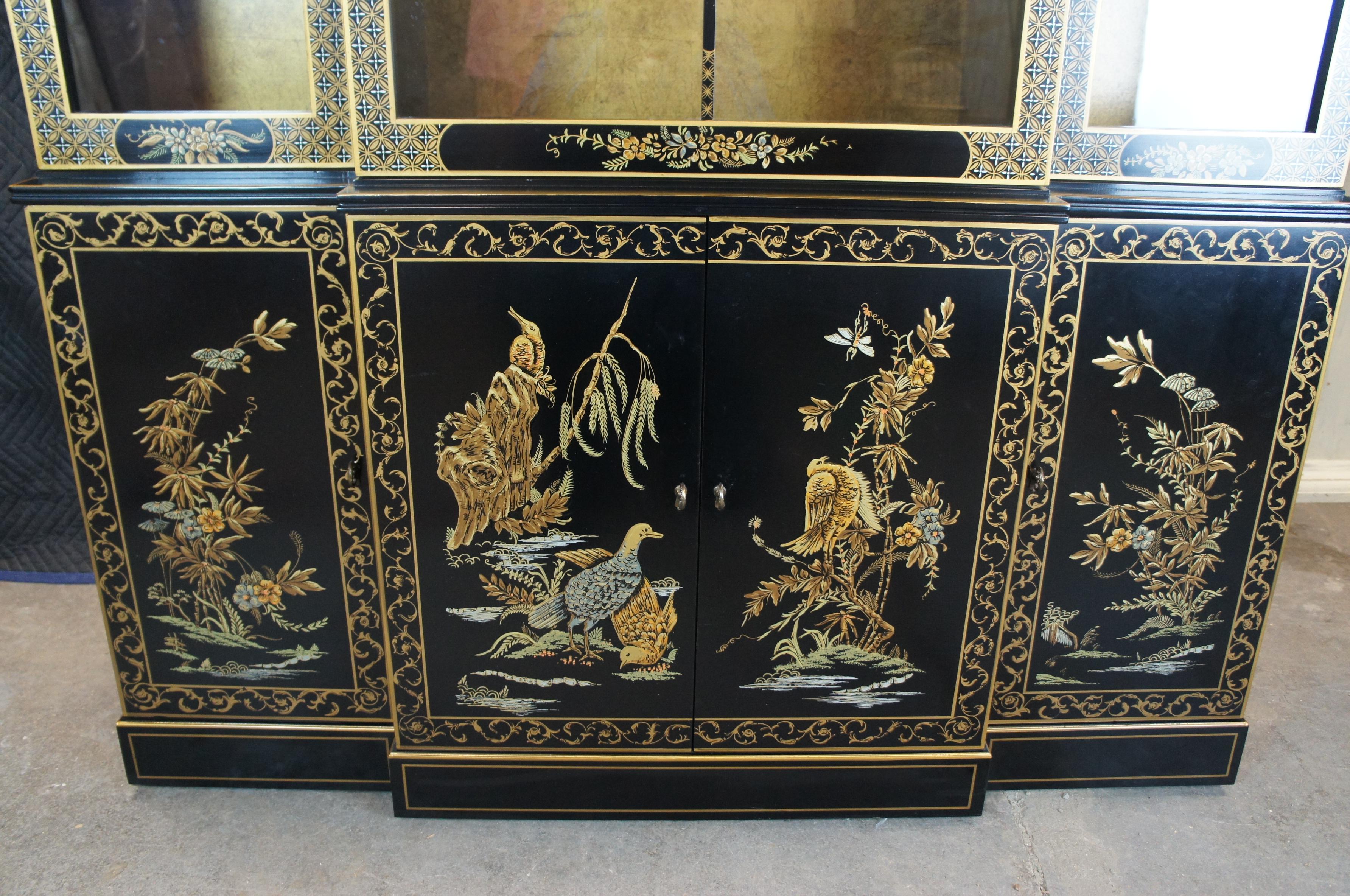 Late 20th Century Drexel Heritage Et Cetera Chinoiserie Black Lacquer Breakfront China Cabinet 78'