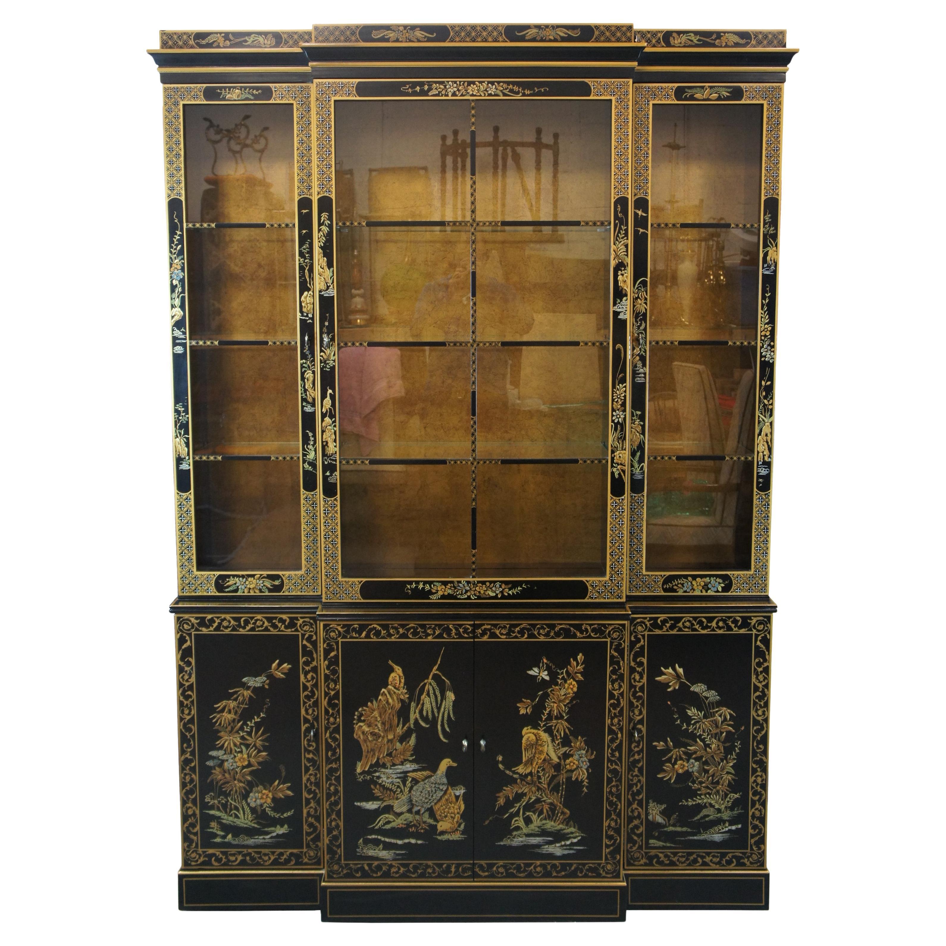 Drexel Heritage Et Cetera Chinoiserie Black Lacquer Breakfront China Cabinet 78'