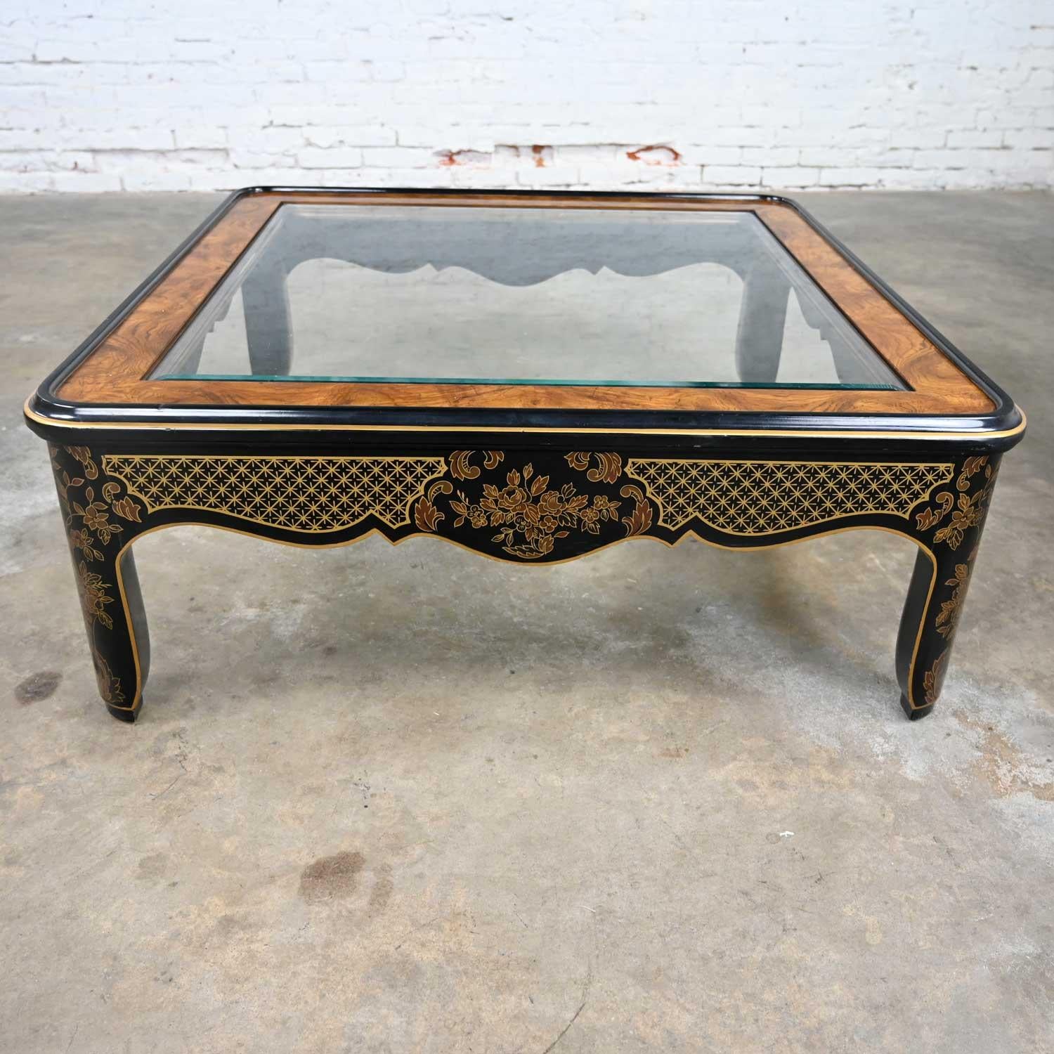 Drexel Heritage ET Cetera Collection Chinoiserie Black Gold Burl Coffee Table For Sale 2