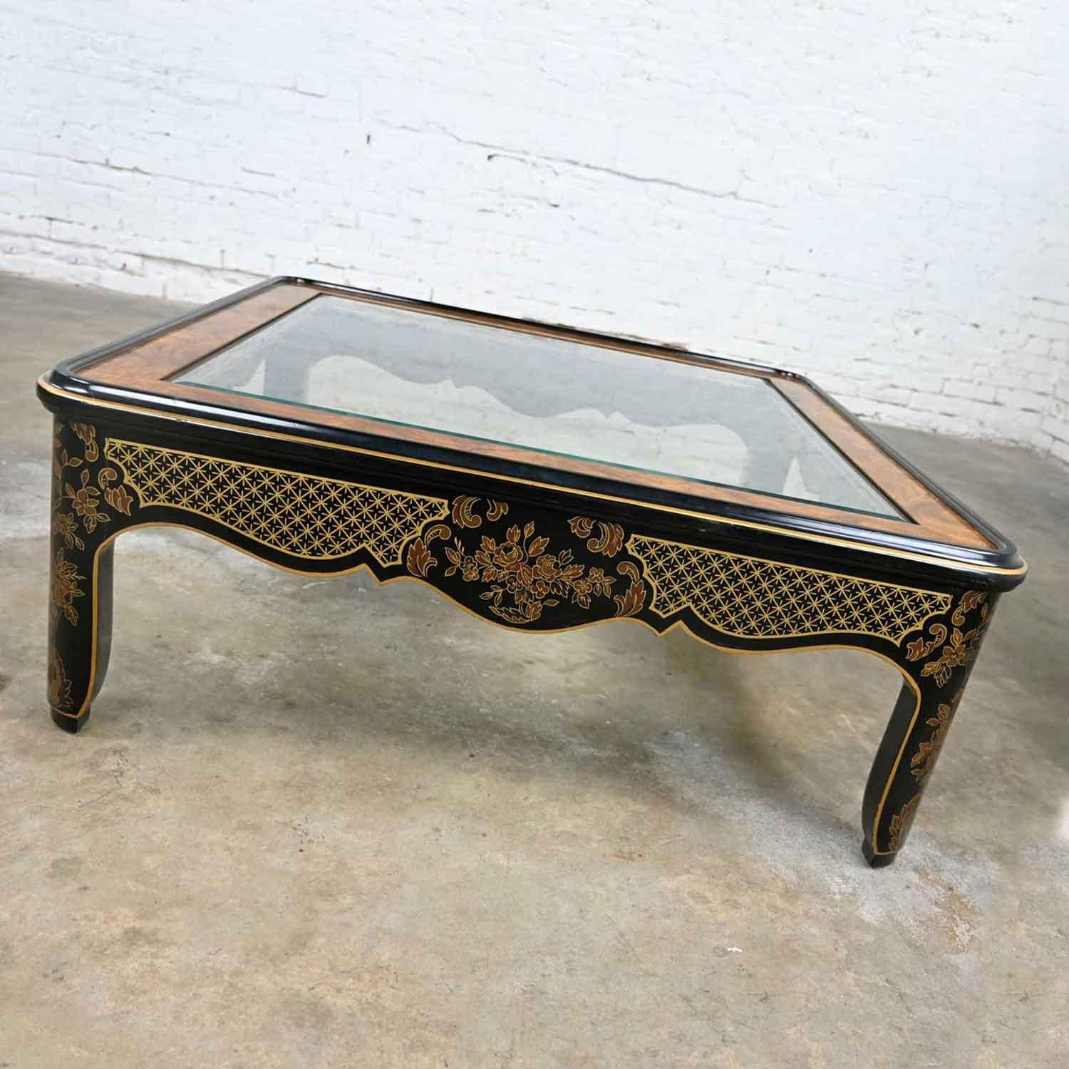 Drexel Heritage ET Cetera Collection Chinoiserie Black Gold Burl Coffee Table For Sale 3