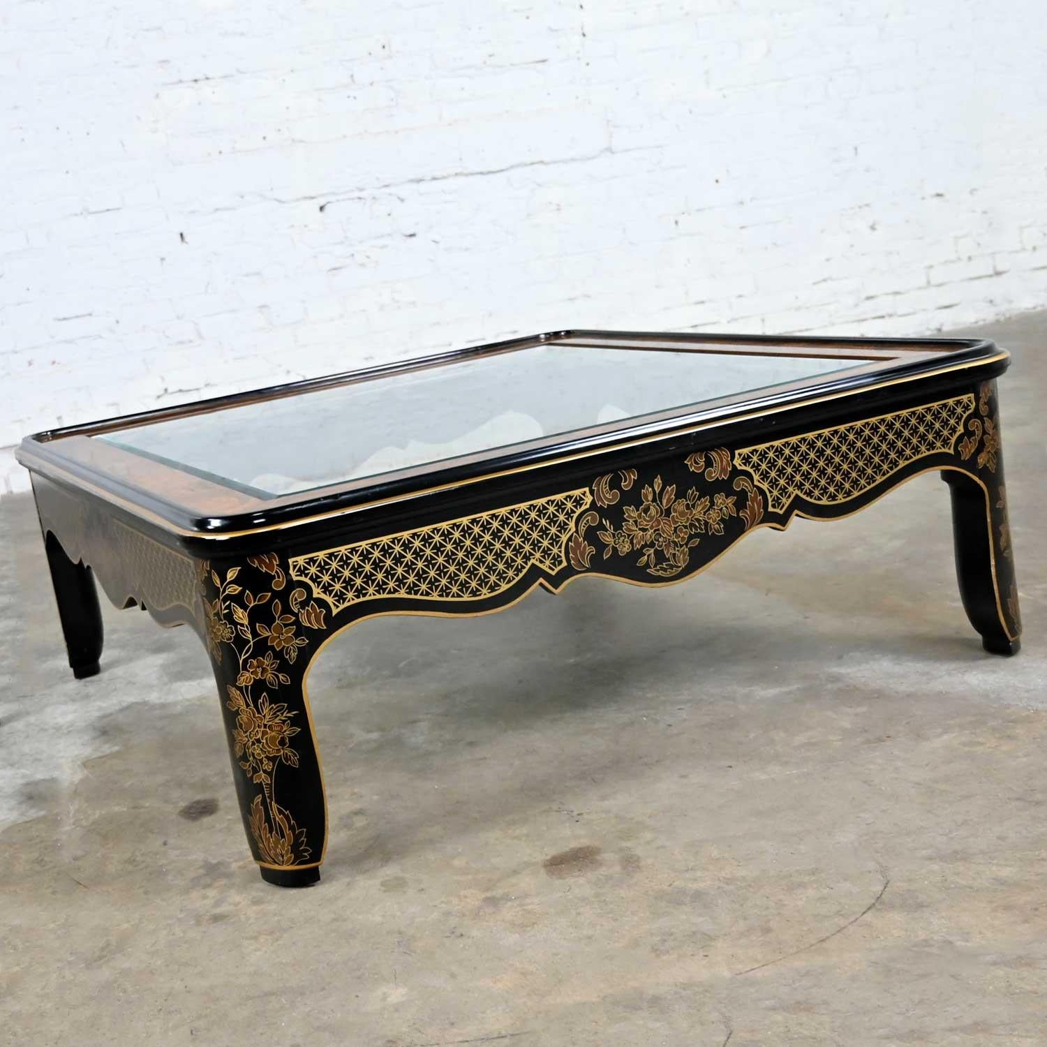 Drexel Heritage ET Cetera Collection Chinoiserie Black Gold Burl Coffee Table For Sale 7
