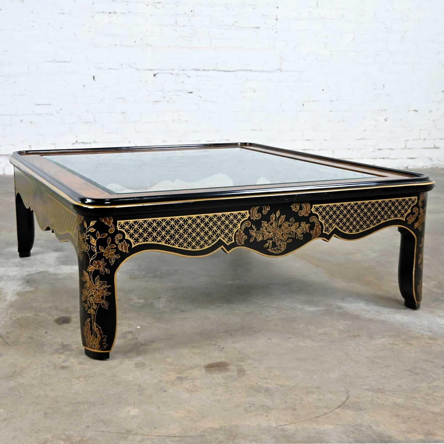 Drexel Heritage ET Cetera Collection Chinoiserie Black Gold Burl Coffee Table For Sale 8