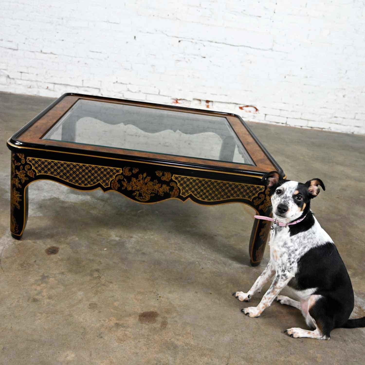 Drexel Heritage ET Cetera Collection Chinoiserie Black Gold Burl Coffee Table In Good Condition For Sale In Topeka, KS