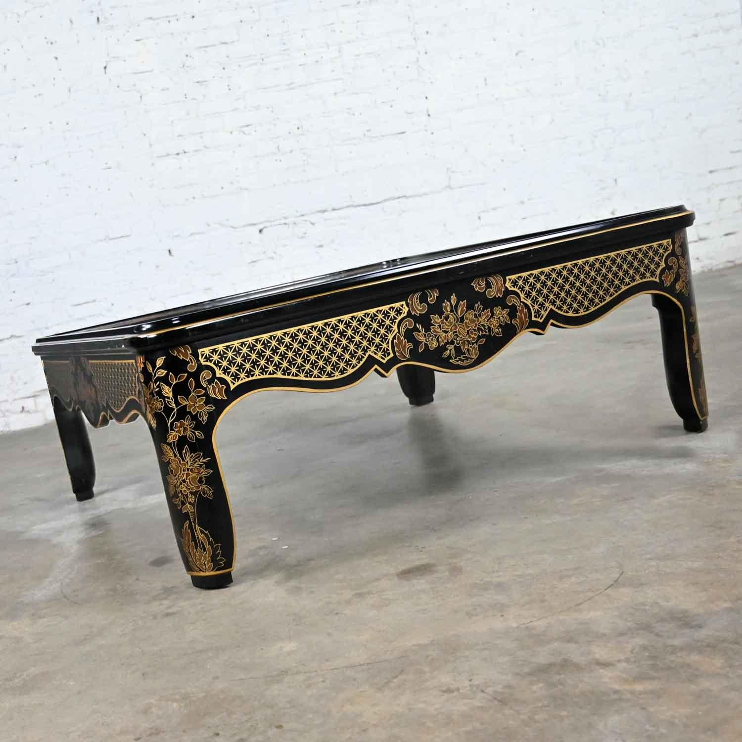 Glass Drexel Heritage ET Cetera Collection Chinoiserie Black Gold Burl Coffee Table For Sale