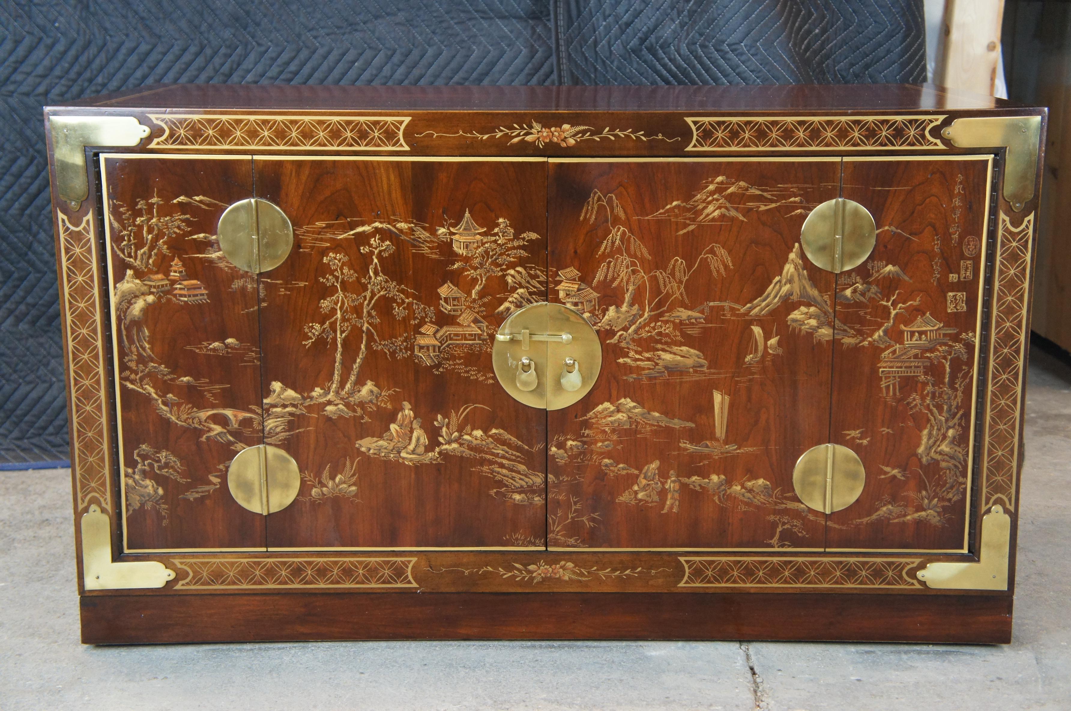 Veneer Drexel Heritage Et Cetera Rosewood Chinoiserie Campaign Ming Console Cabinet 77'