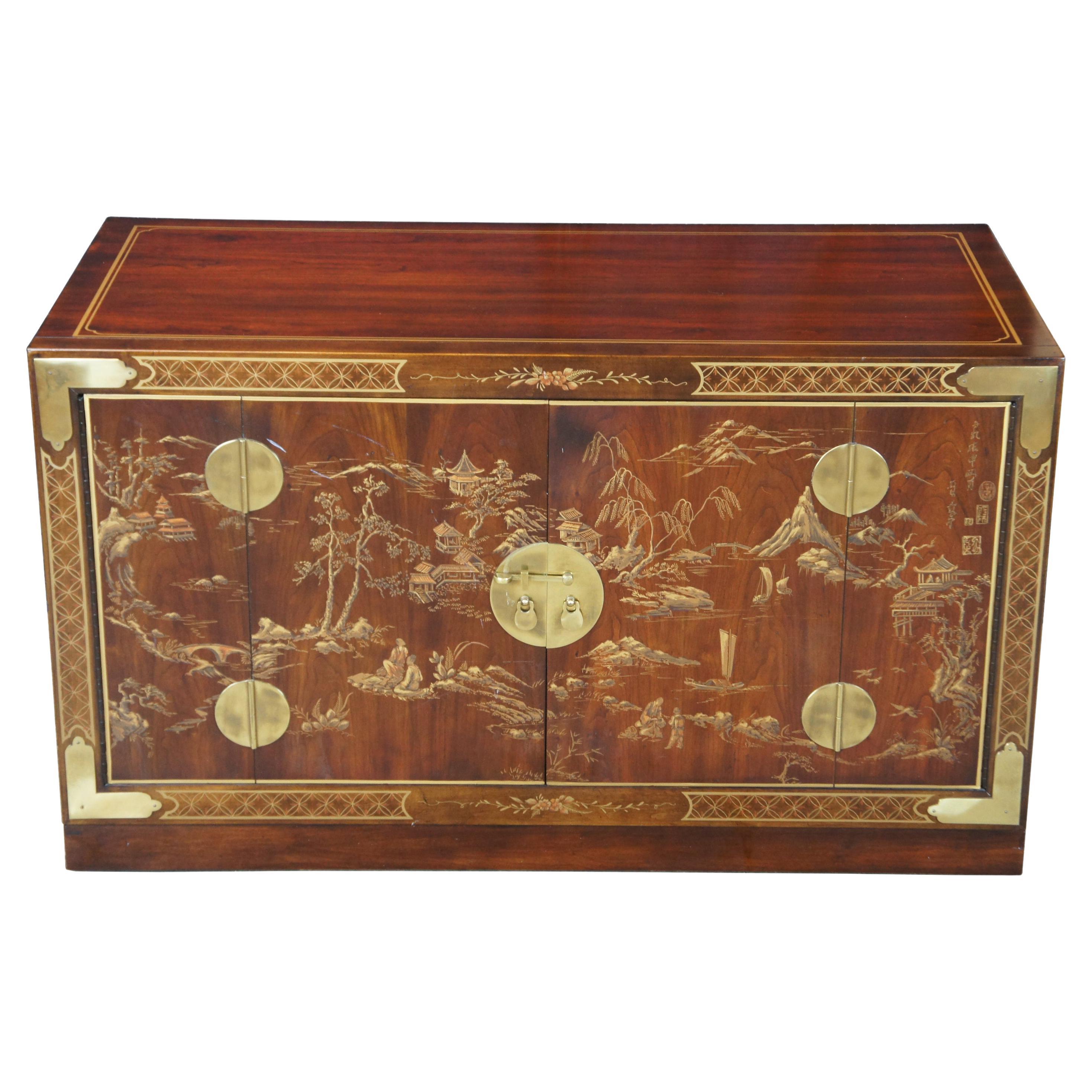 Drexel Heritage Et Cetera Rosewood Chinoiserie Campaign Ming Console Cabinet 77'