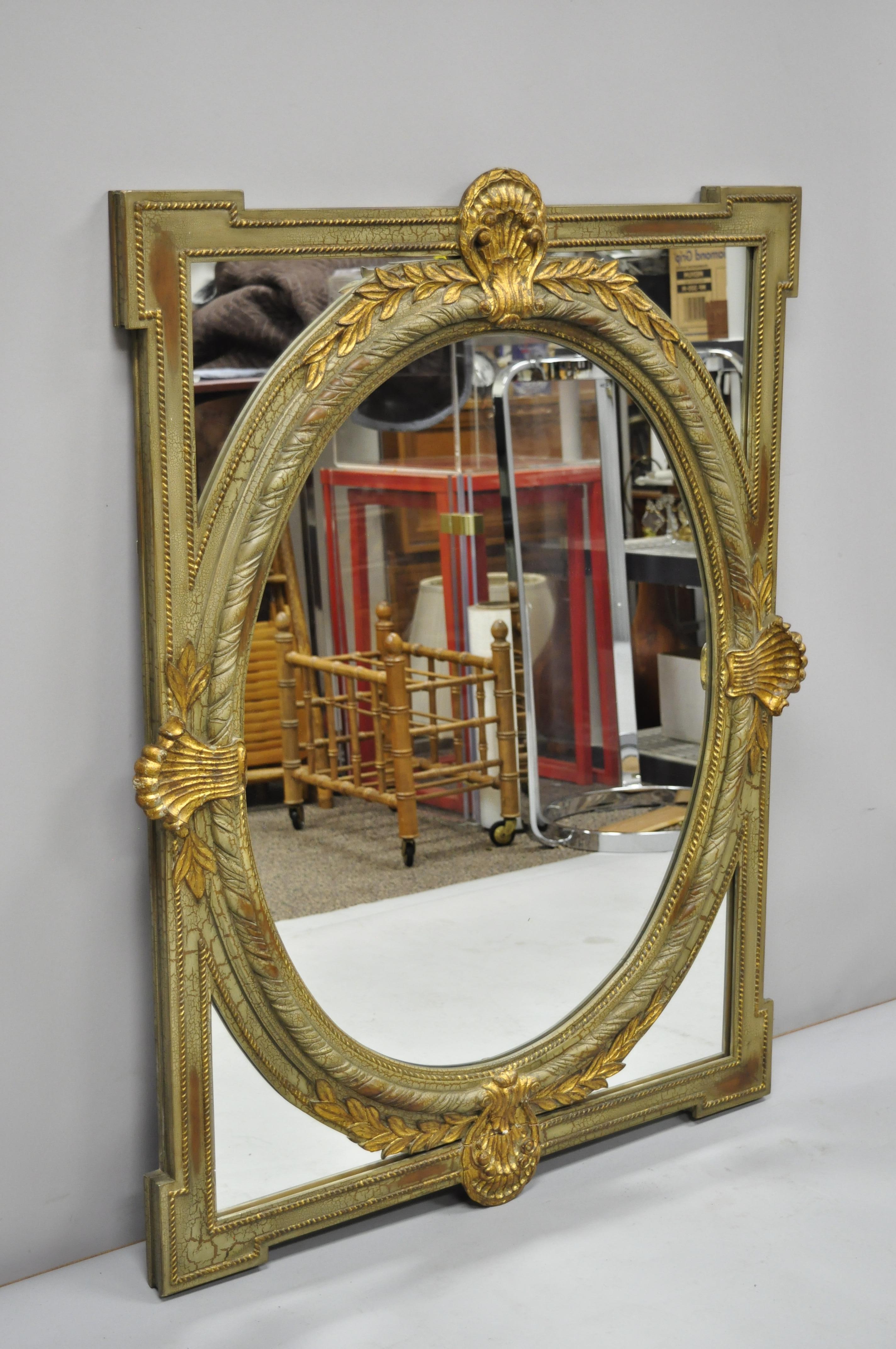 Drexel heritage European legacy green and gold distress painted mirror (213-210). Item features aolid wood frame, distressed finish, nicely carved details, original label, serial number 213-210-6, quality craftsmanship, great style and form, circa