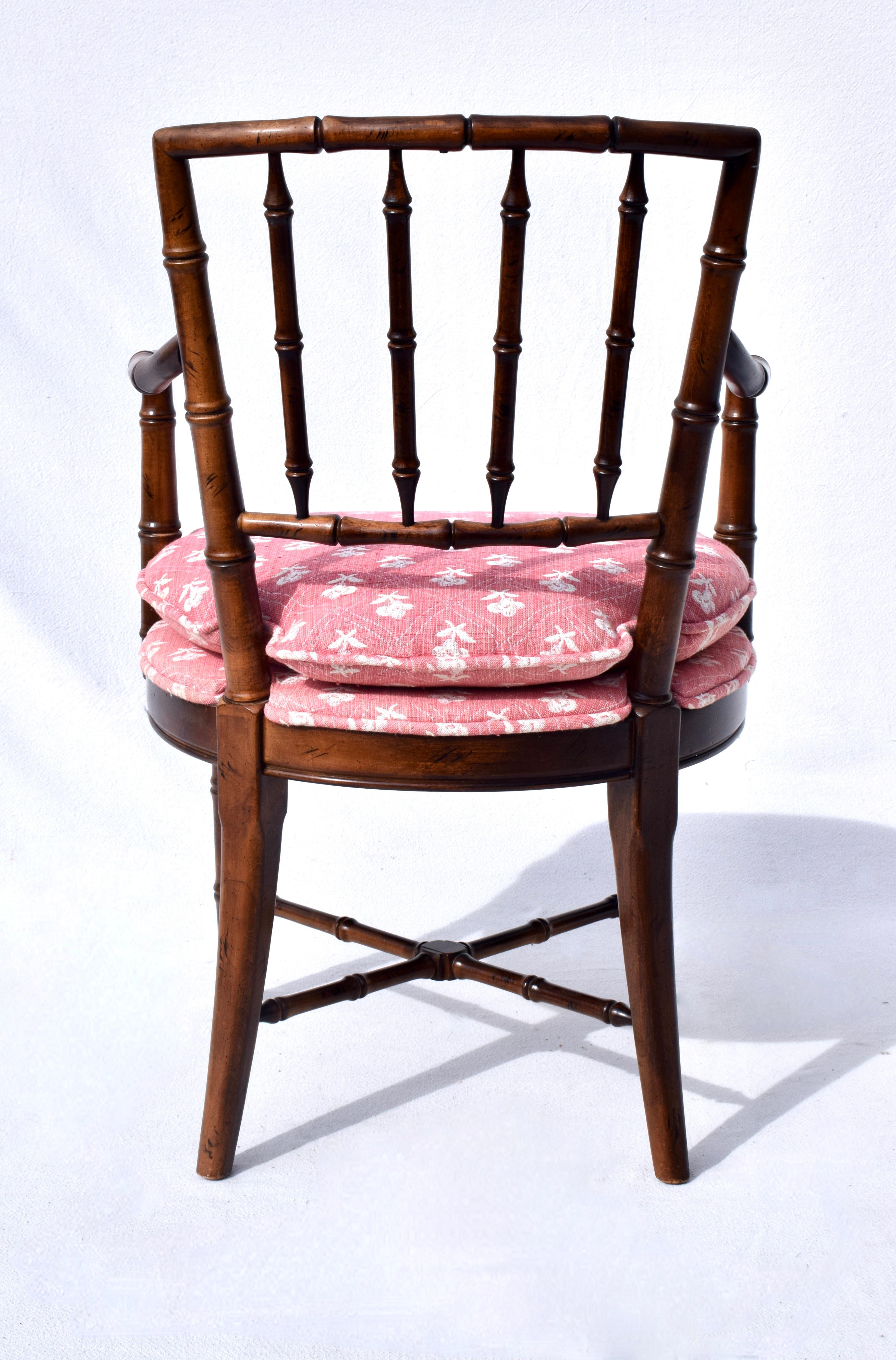 Faux Bamboo Arm Chair in Brunschwig & Fils by Drexel Heritage  In Good Condition For Sale In Southampton, NJ