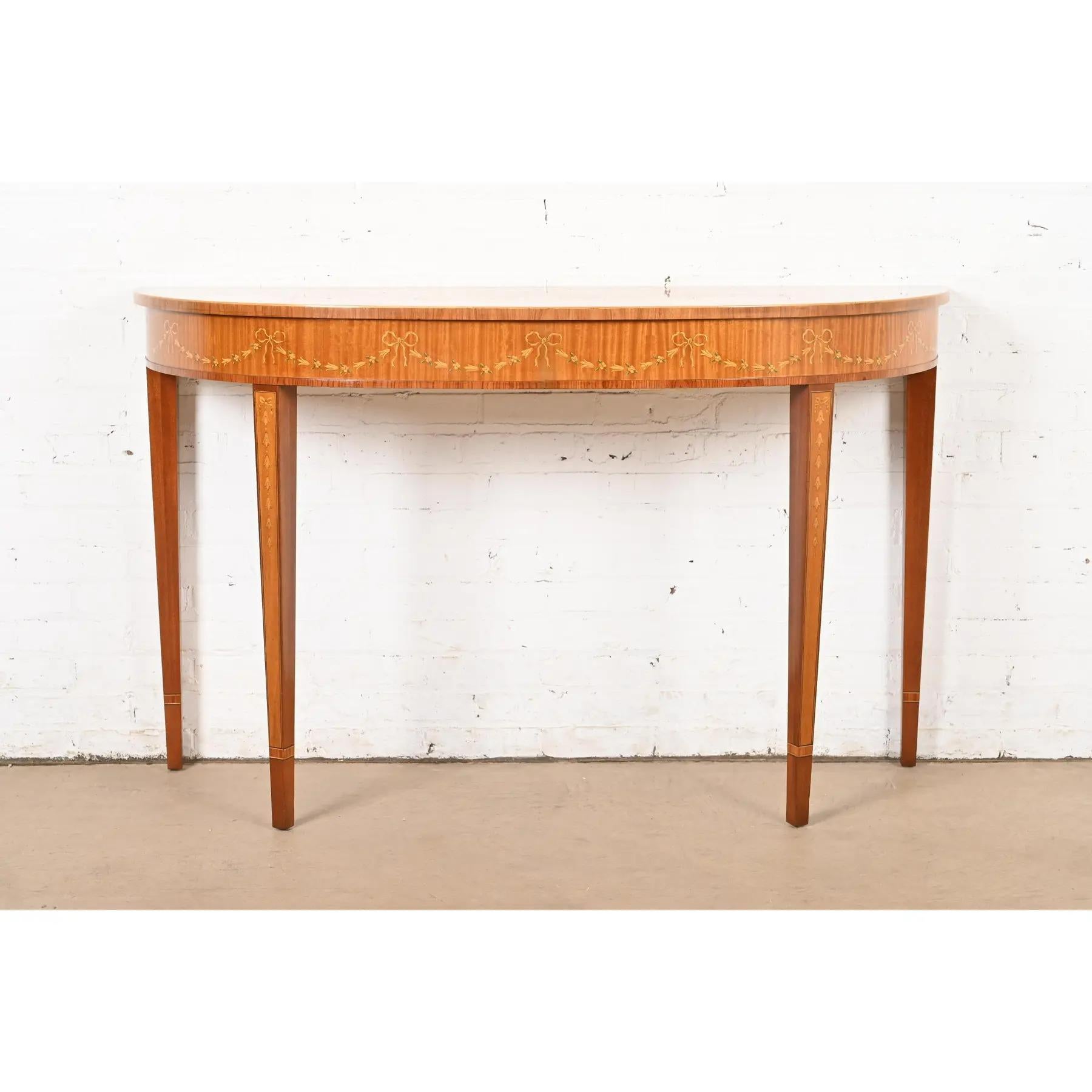 American Drexel Heritage Federal Inlaid Satinwood Demilune Console Table For Sale