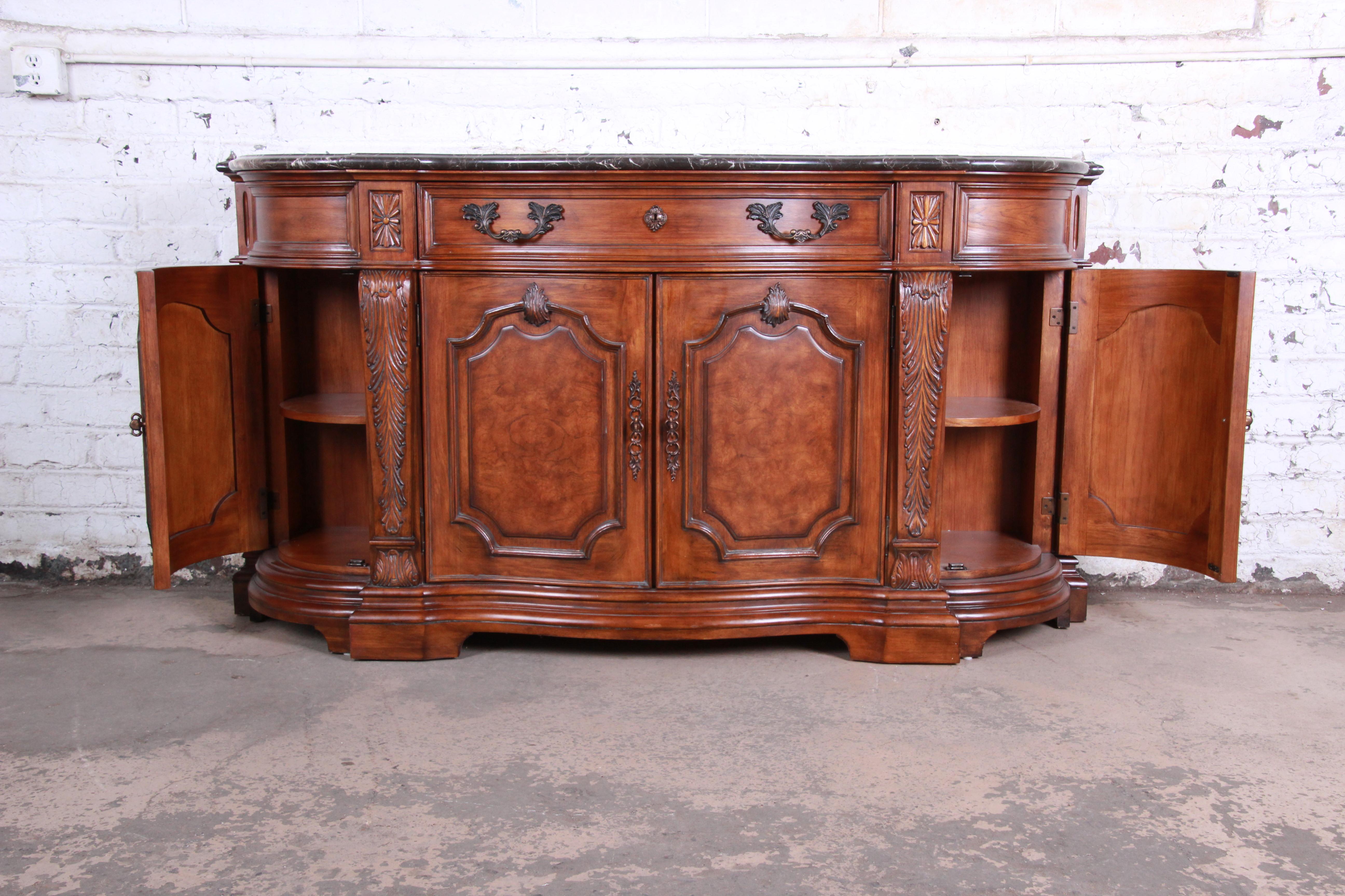 Drexel Heritage French Carved Burled Walnut Marble-Top Sideboard Credenza In Good Condition In South Bend, IN