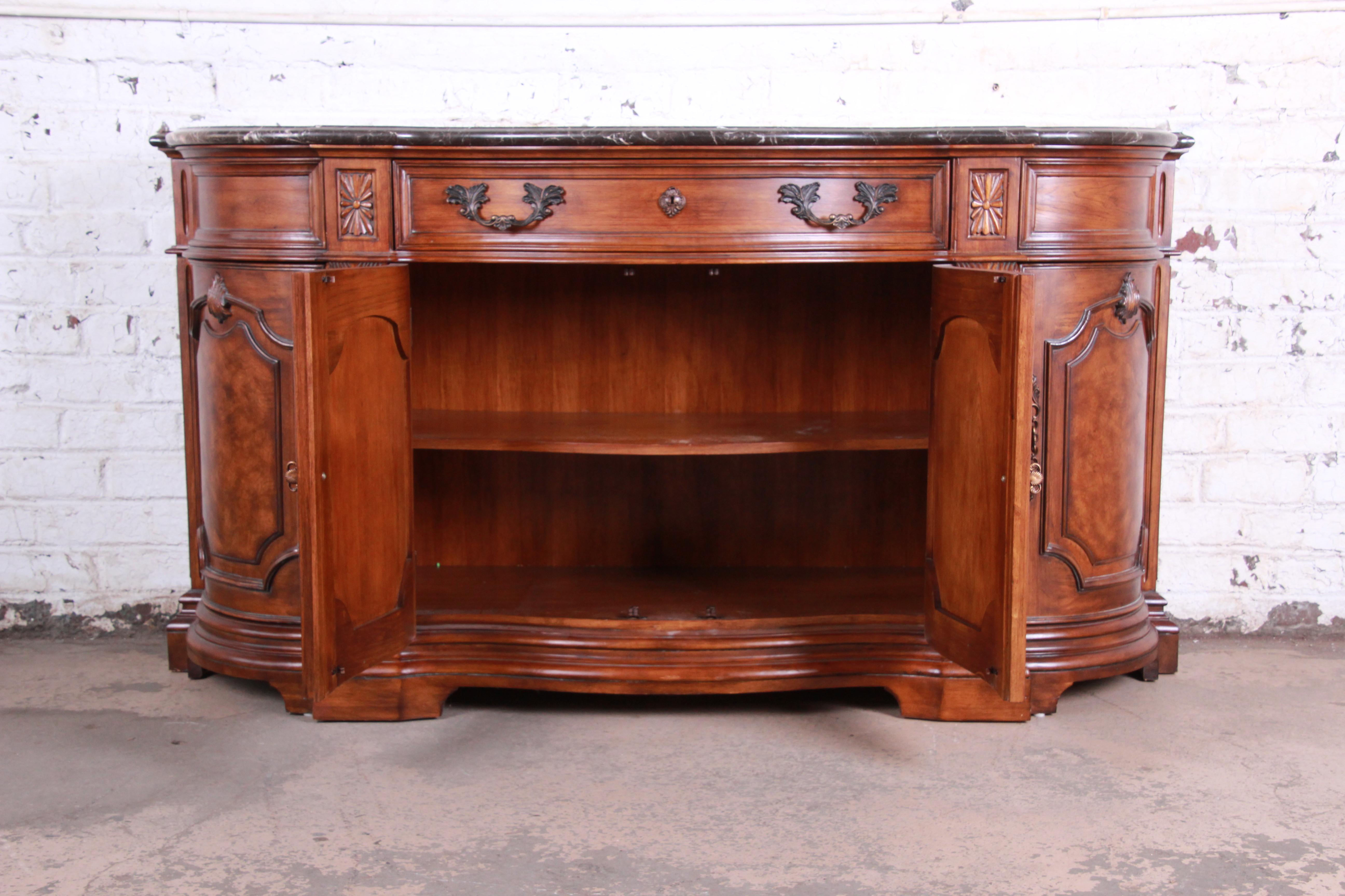 20th Century Drexel Heritage French Carved Burled Walnut Marble-Top Sideboard Credenza