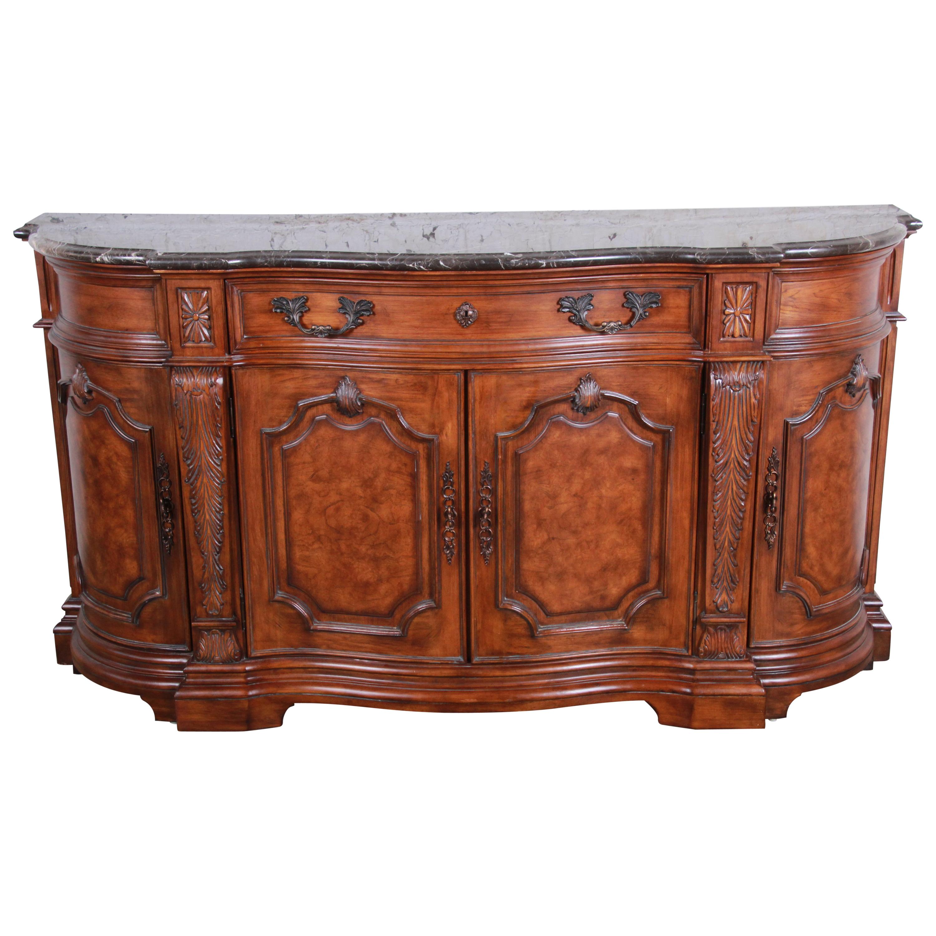 Drexel Heritage French Carved Burled Walnut Marble-Top Sideboard Credenza