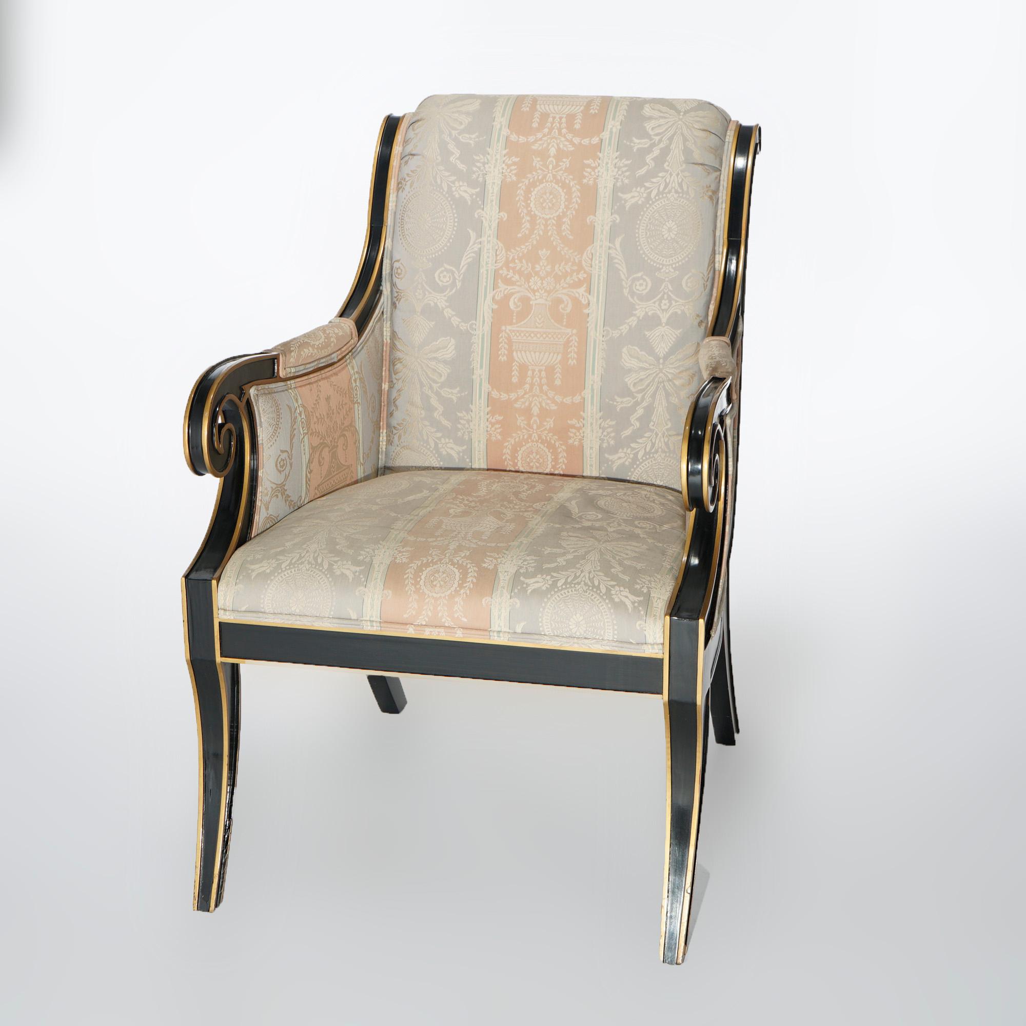 A matching pair of French Empire style upholstered armchairs by Drexel Heritage offer ebonized wood frames with scroll form arms and backs, gilt highlights throughout, maker label as photographed, 20th century

Measures- 37.5''H x 26.25''W x 34''D;