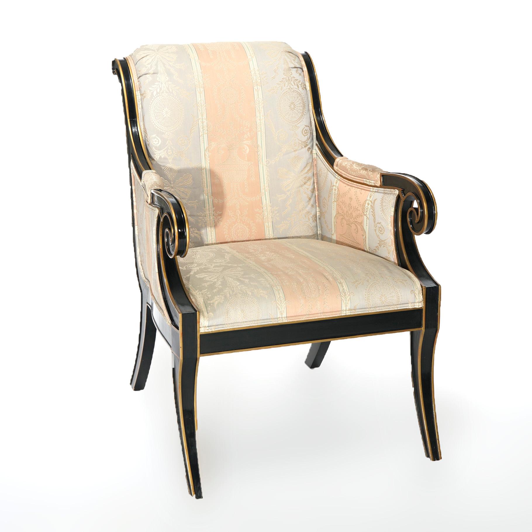Drexel Heritage French Empire Ebonized & Gilt Upholstered Arm Chairs 20thC In Good Condition In Big Flats, NY