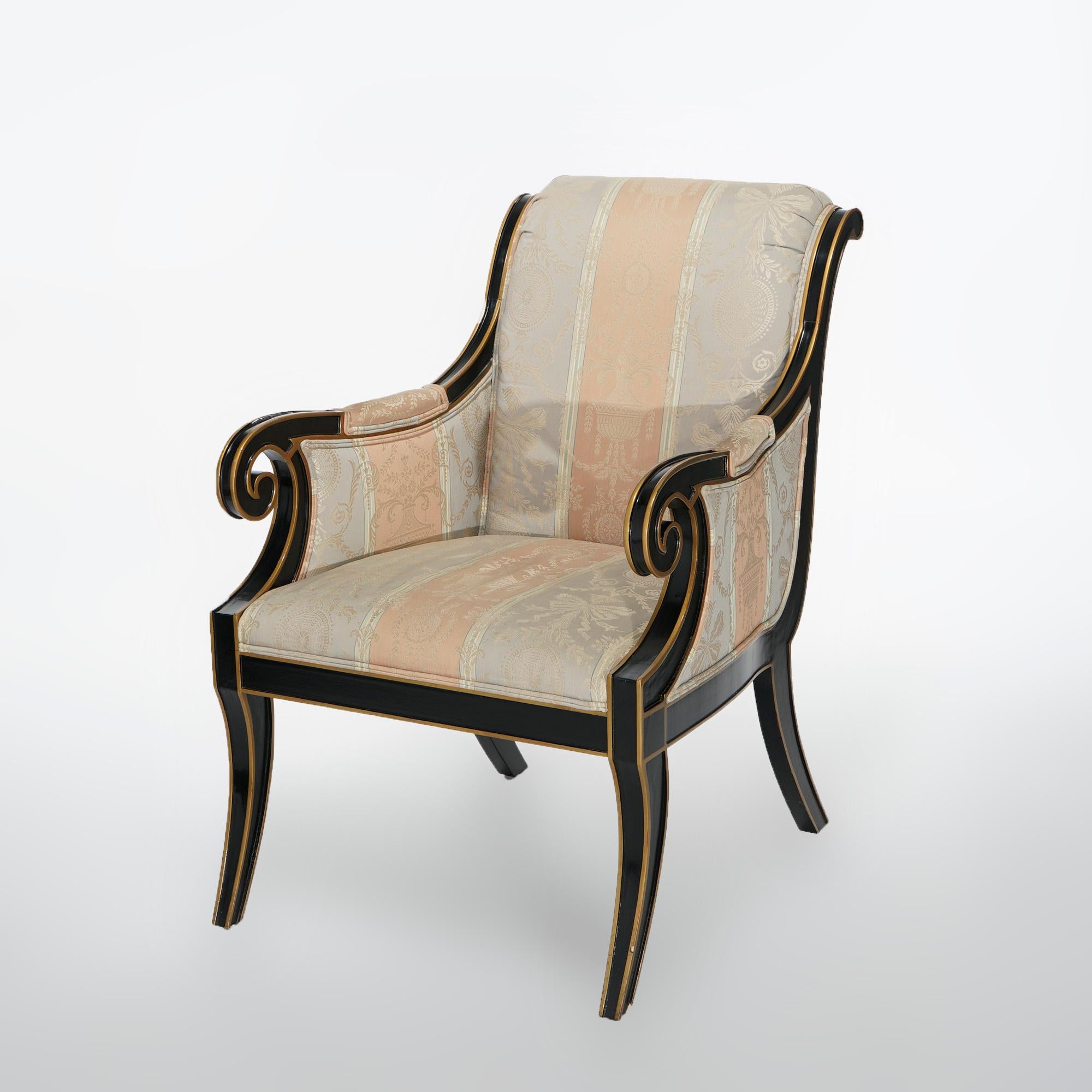 20th Century Drexel Heritage French Empire Ebonized & Gilt Upholstered Arm Chairs 20thC