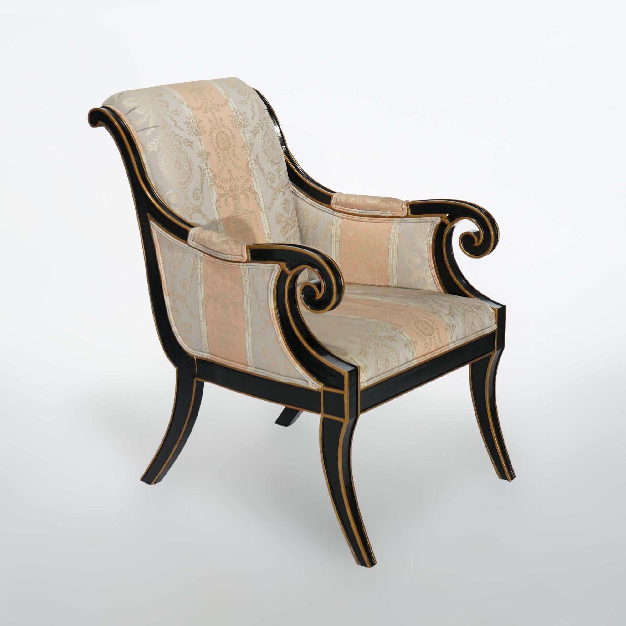 Upholstery Drexel Heritage French Empire Ebonized & Gilt Upholstered Arm Chairs 20thC