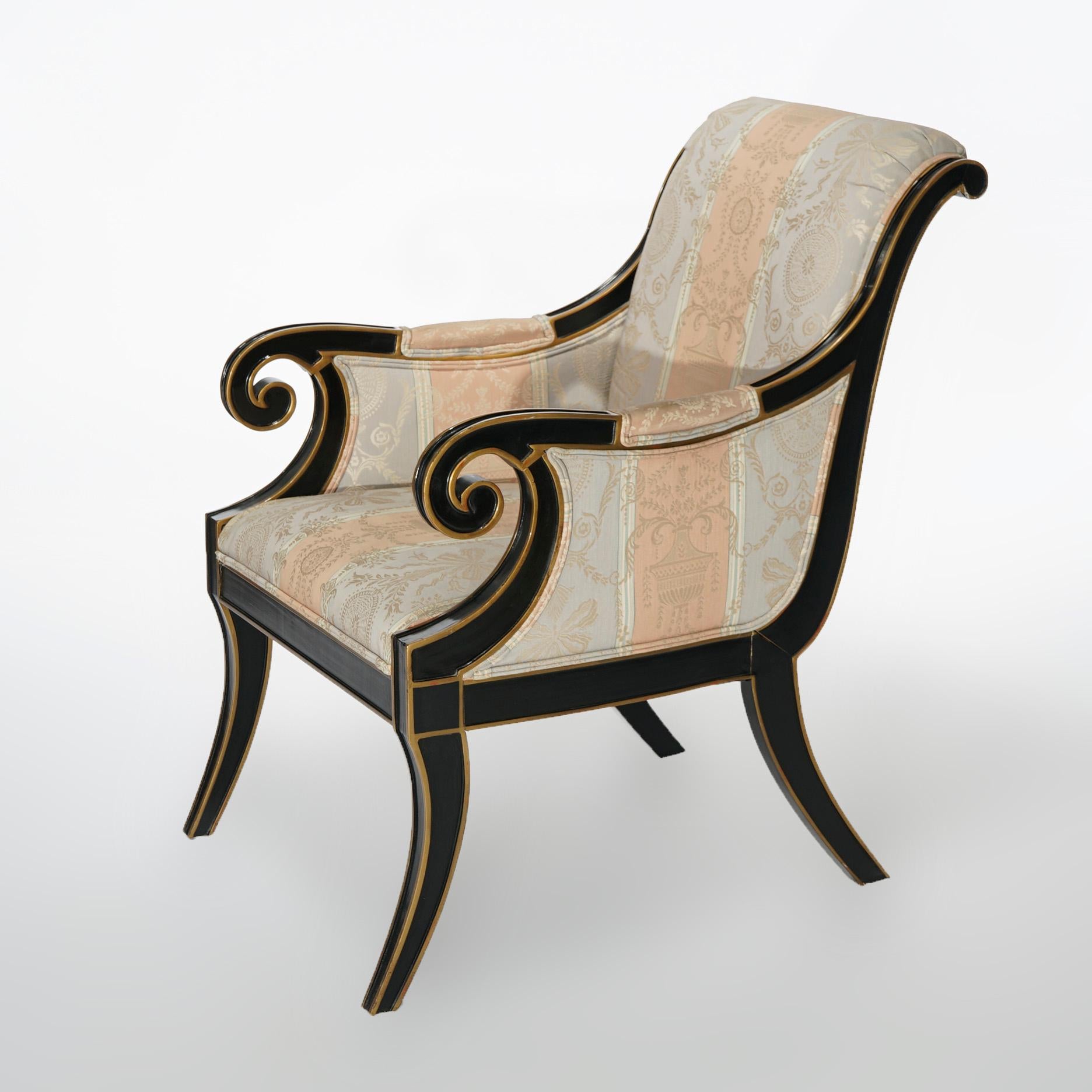 Drexel Heritage French Empire Ebonized & Gilt Upholstered Arm Chairs 20thC 1