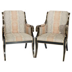 Drexel Heritage French Empire Ebonized & Gilt Upholstered Arm Chairs 20thC