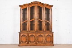 Drexel Heritage French Provincial Carved Oak Lighted Breakfront Bookcase Cabinet