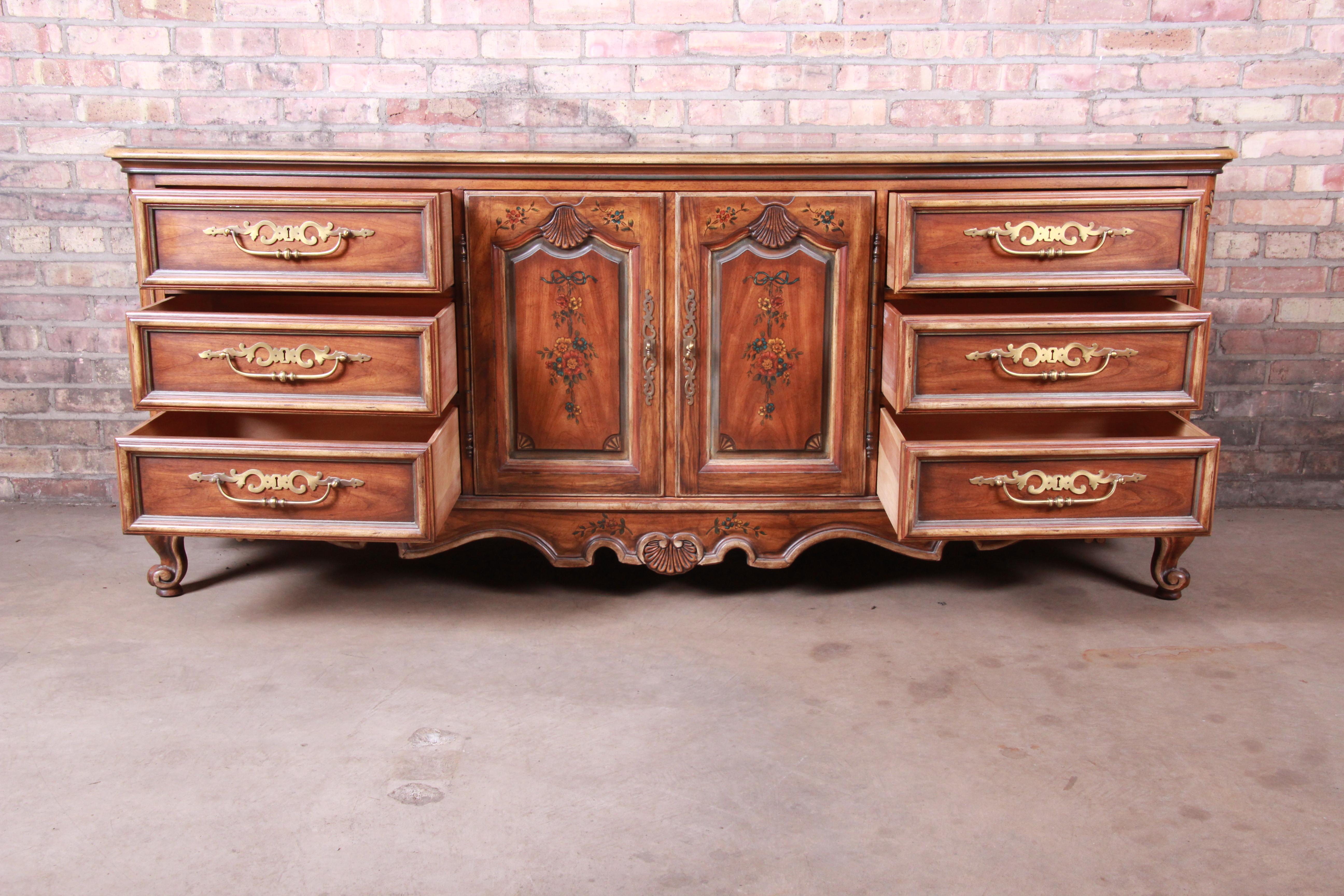 Brass Drexel Heritage French Provincial Louis XV Carved Walnut Dresser or Credenza