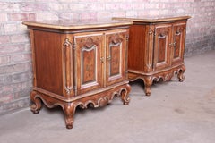 Drexel Heritage French Provincial Louis XV Carved Walnut Nightstands, Pair