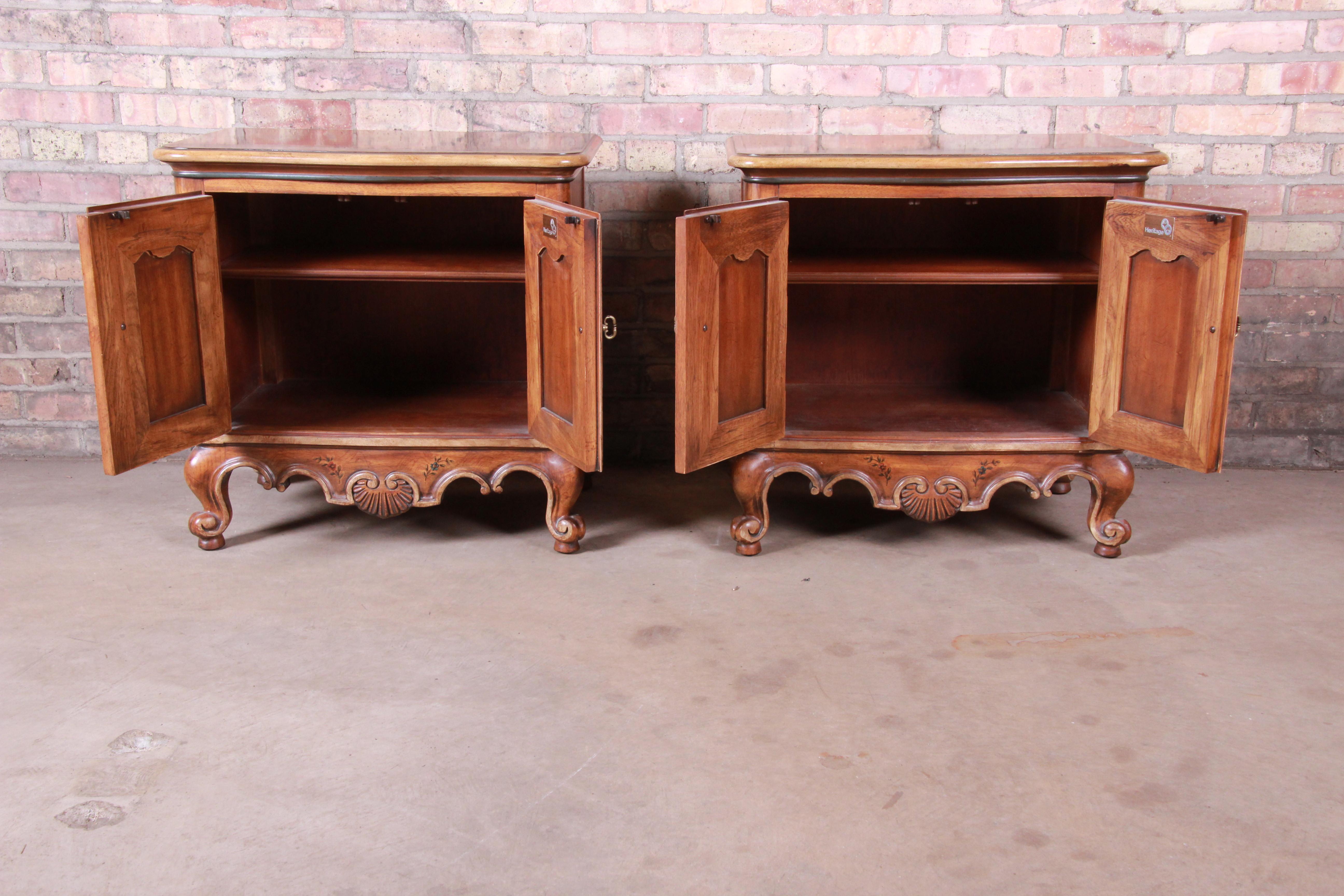 American Drexel Heritage French Provincial Louis XV Carved Walnut Nightstands, Pair