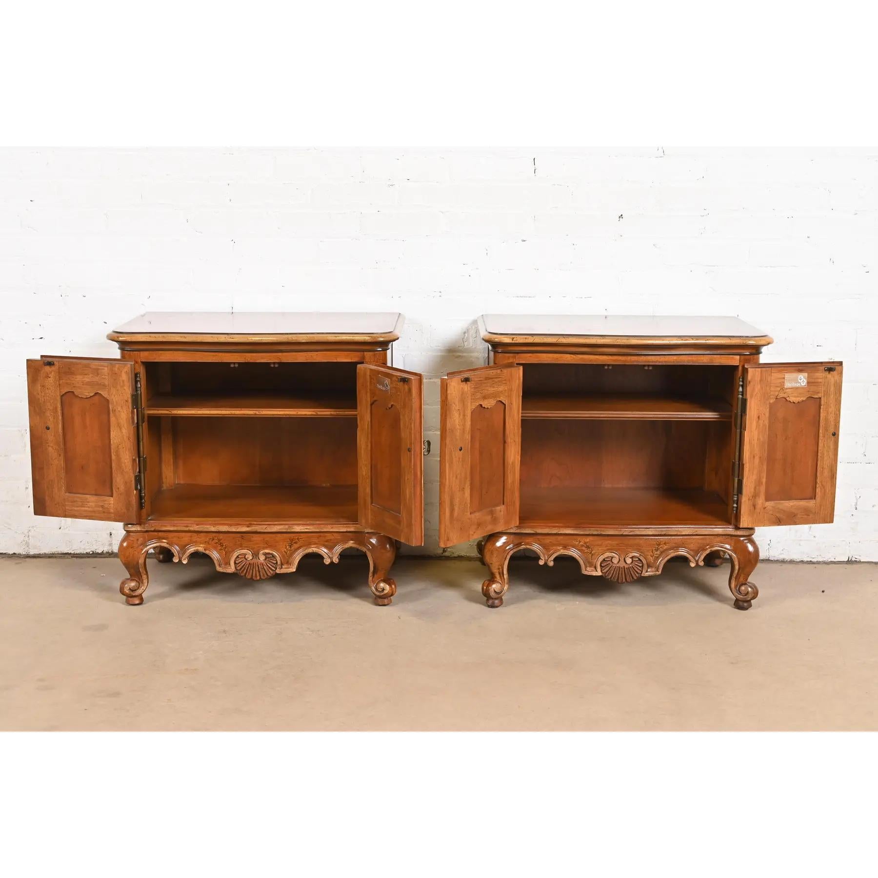 Late 20th Century Drexel Heritage French Provincial Louis XV Carved Walnut Nightstands, Pair For Sale