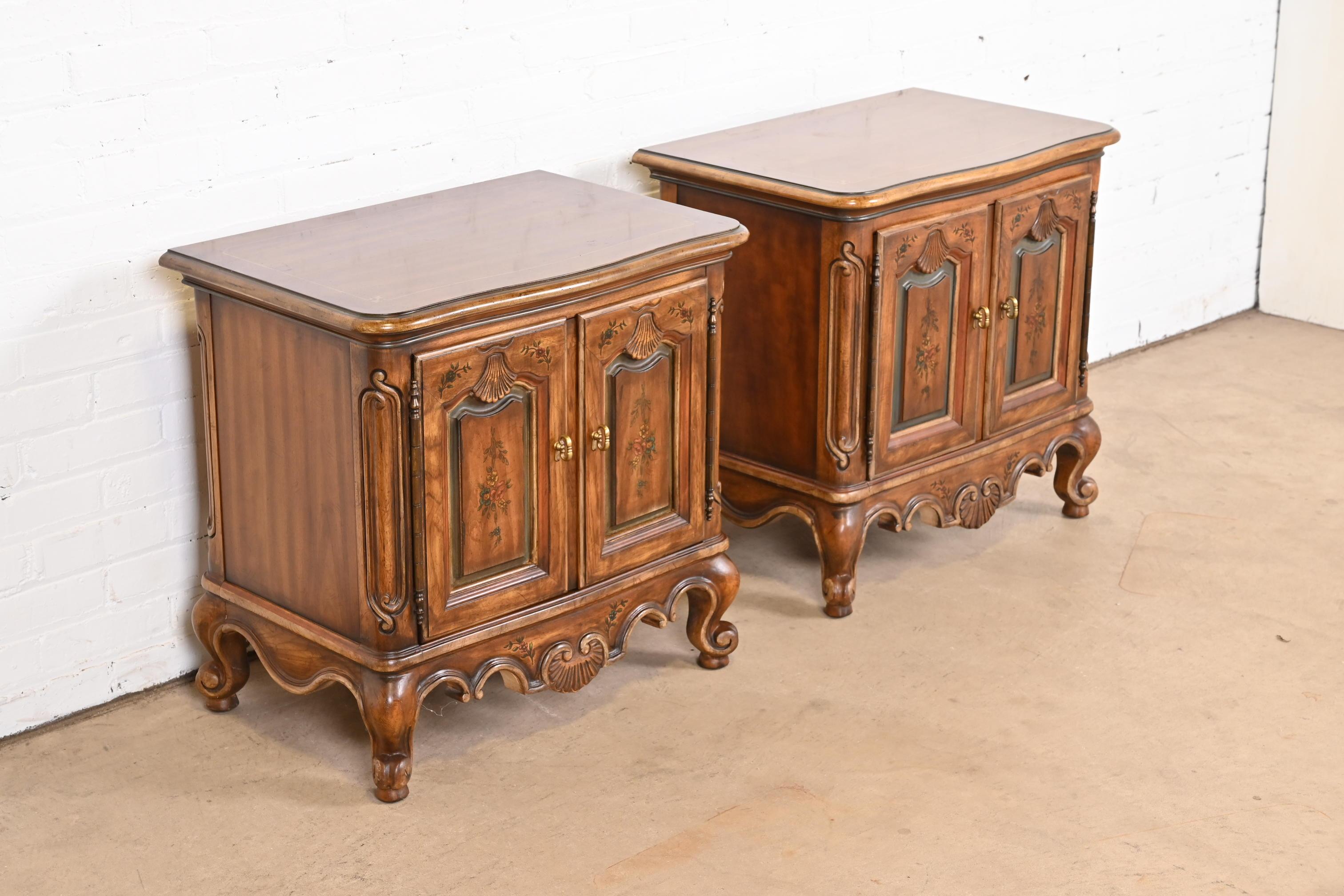American Drexel Heritage French Provincial Louis XV Carved Walnut Nightstands, Pair