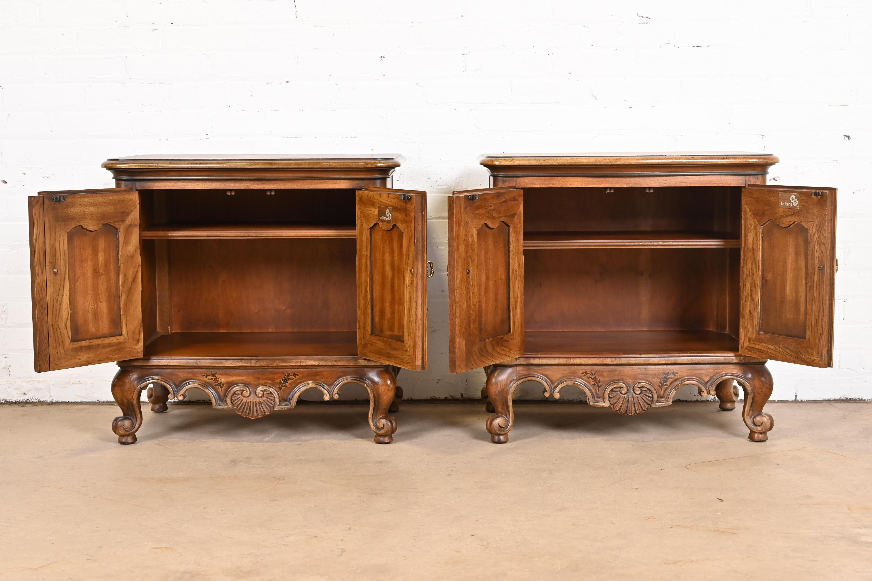 Late 20th Century Drexel Heritage French Provincial Louis XV Carved Walnut Nightstands, Pair