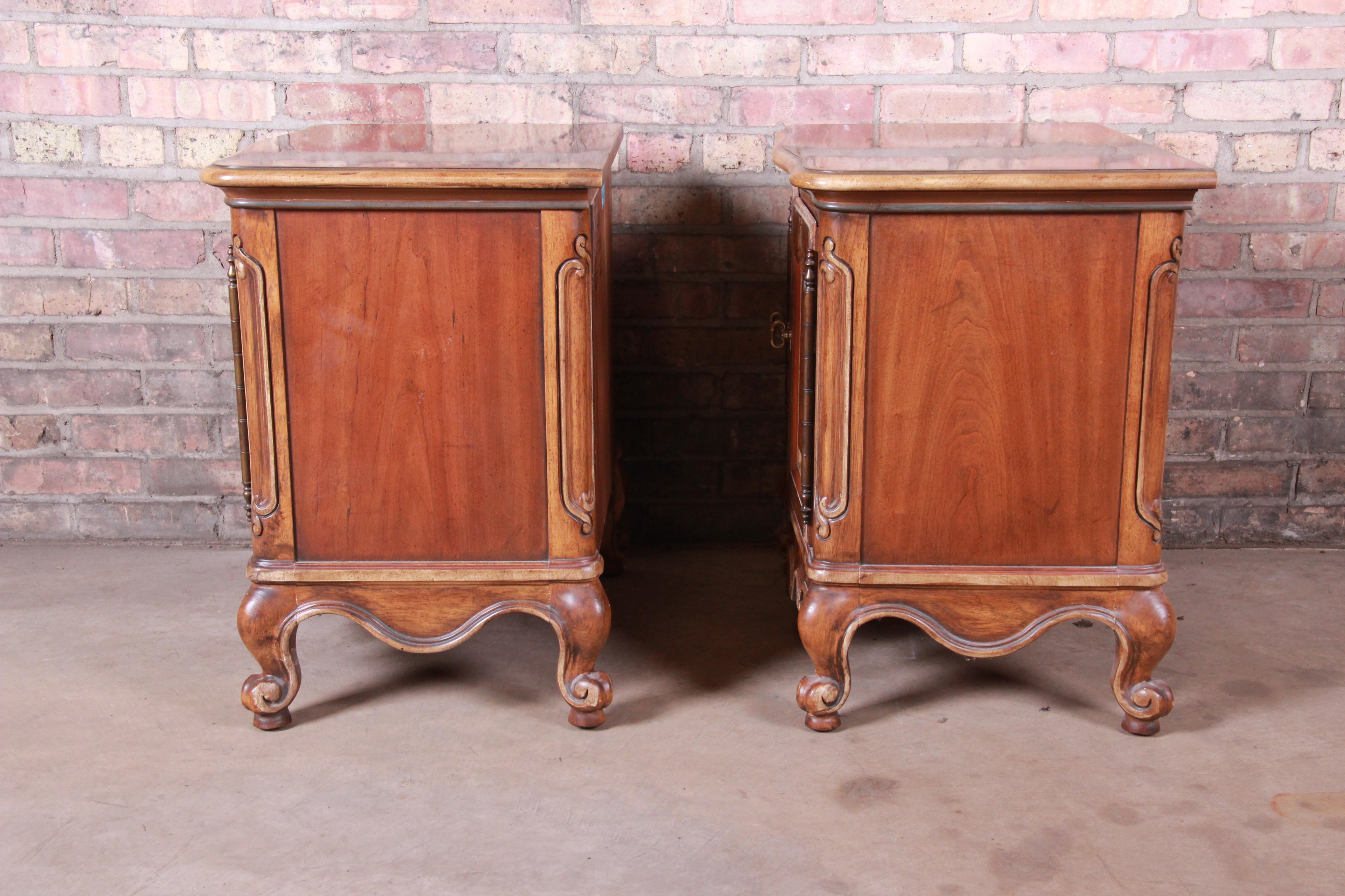 Drexel Heritage French Provincial Louis XV Carved Walnut Nightstands, Pair 1