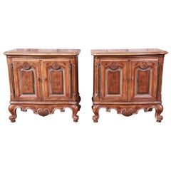 Drexel Heritage French Provincial Louis XV Carved Walnut Nightstands, Pair