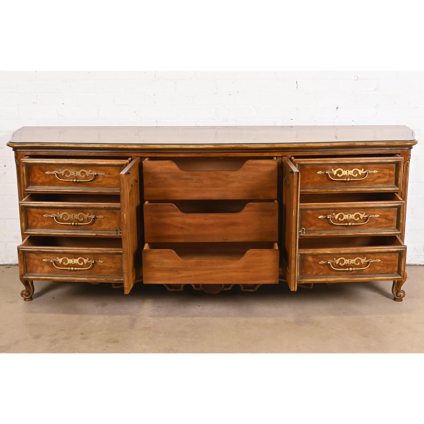 Brass Drexel Heritage French Provincial Louis XV Carved Walnut Triple Dresser, 1970s For Sale