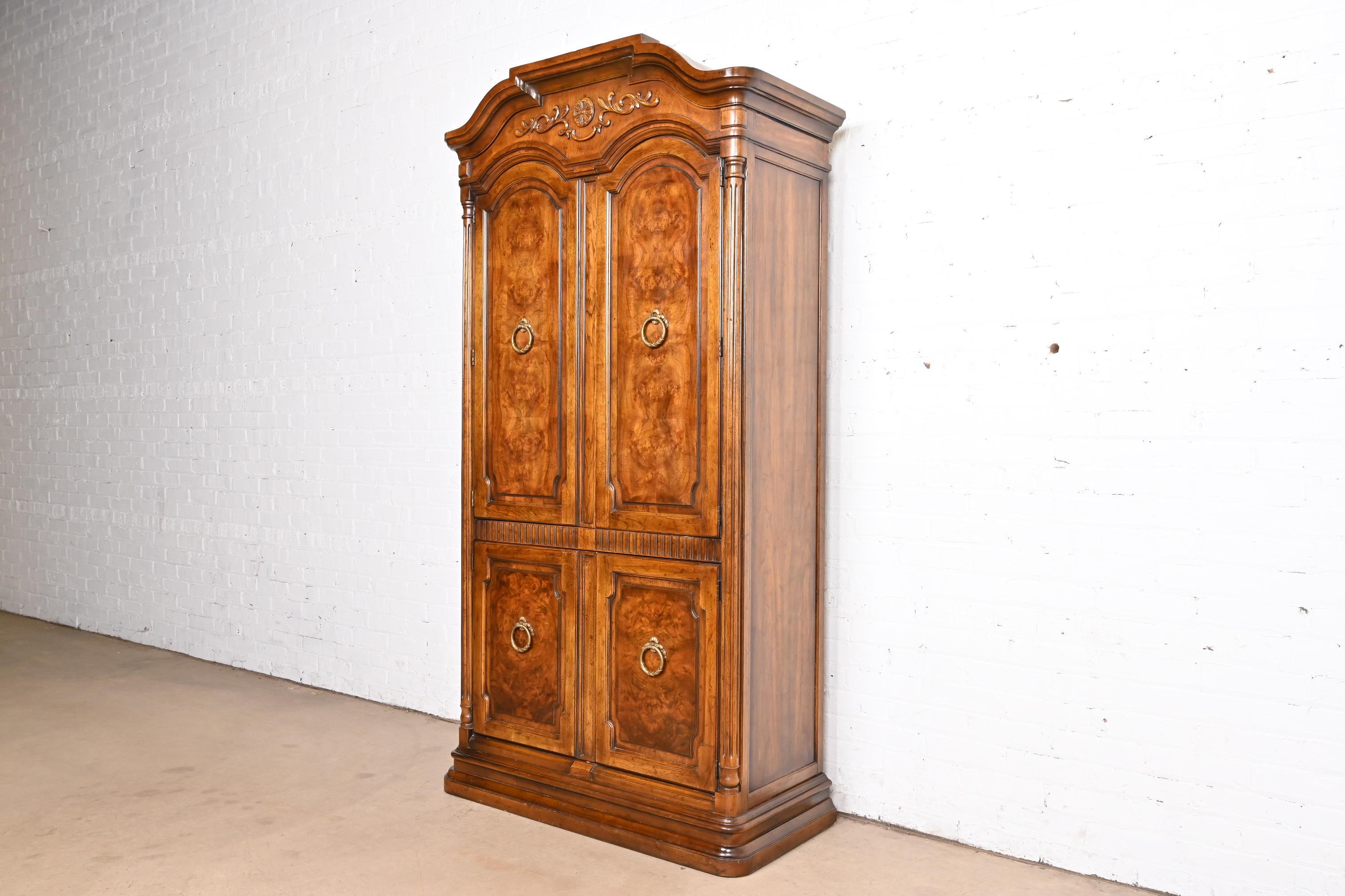 Drexel Heritage French Regency Louis XVI Carved Burled Walnut Armoire Dresser In Good Condition For Sale In South Bend, IN