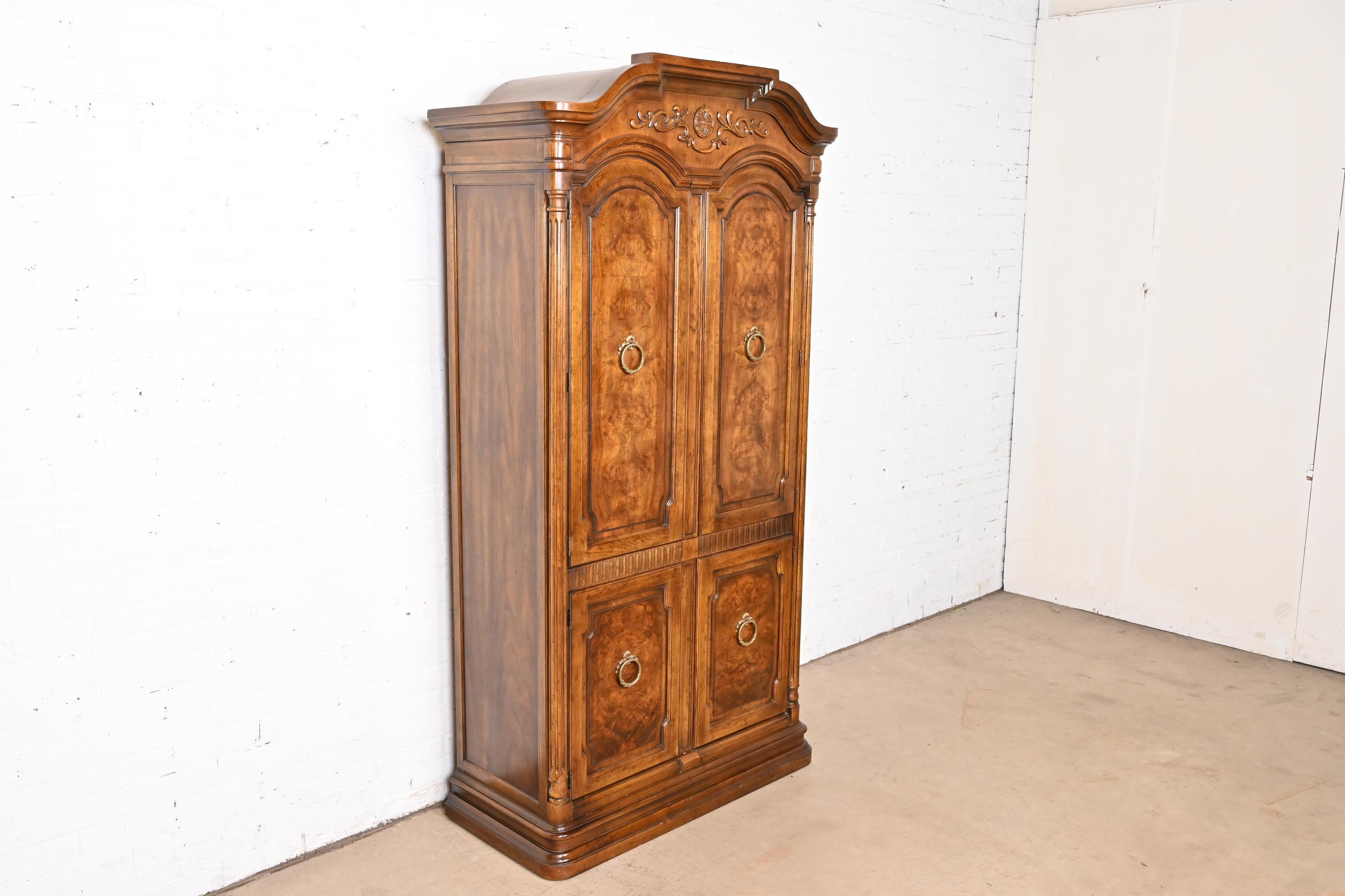 Late 20th Century Drexel Heritage French Regency Louis XVI Carved Burled Walnut Armoire Dresser For Sale
