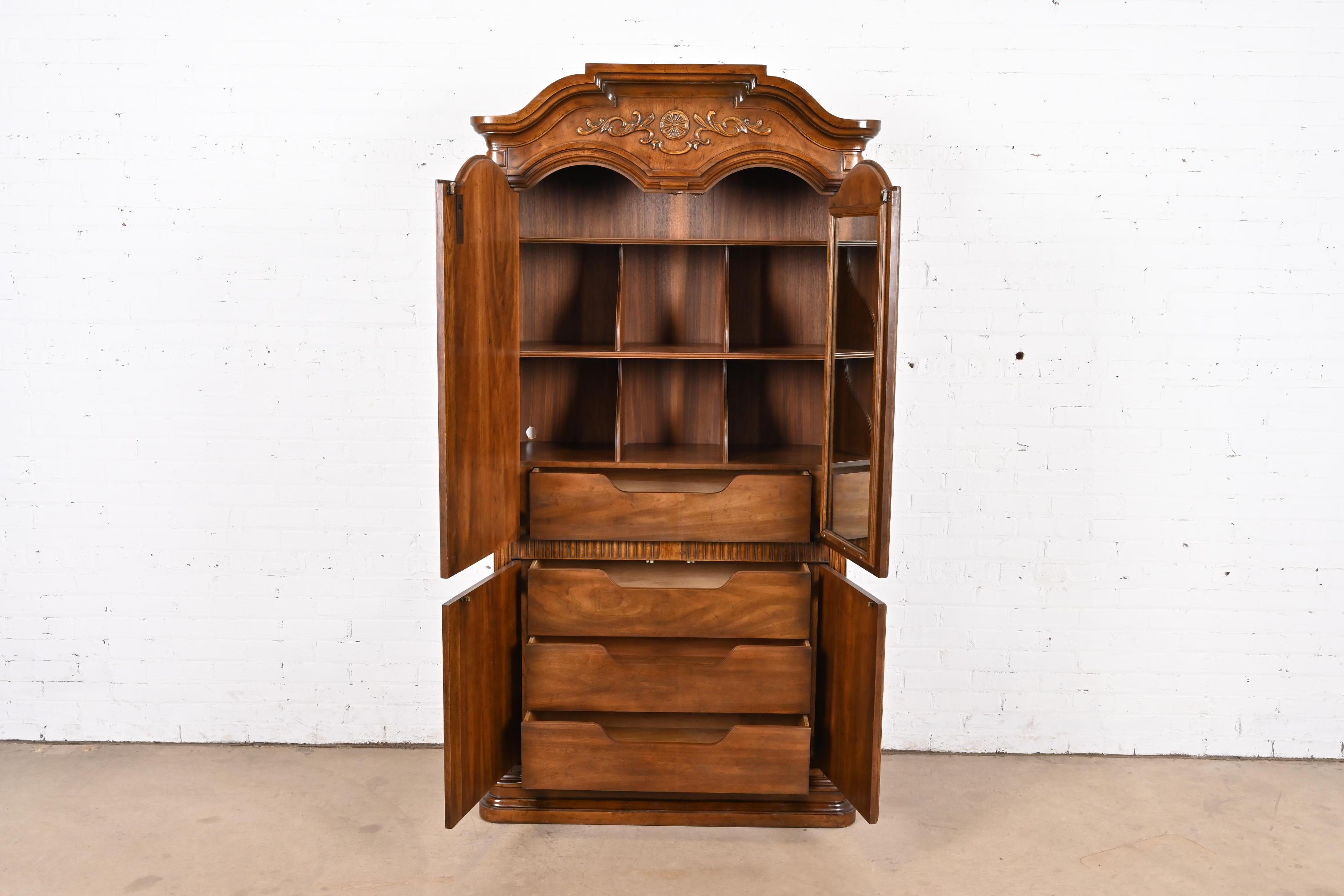 Brass Drexel Heritage French Regency Louis XVI Carved Burled Walnut Armoire Dresser For Sale