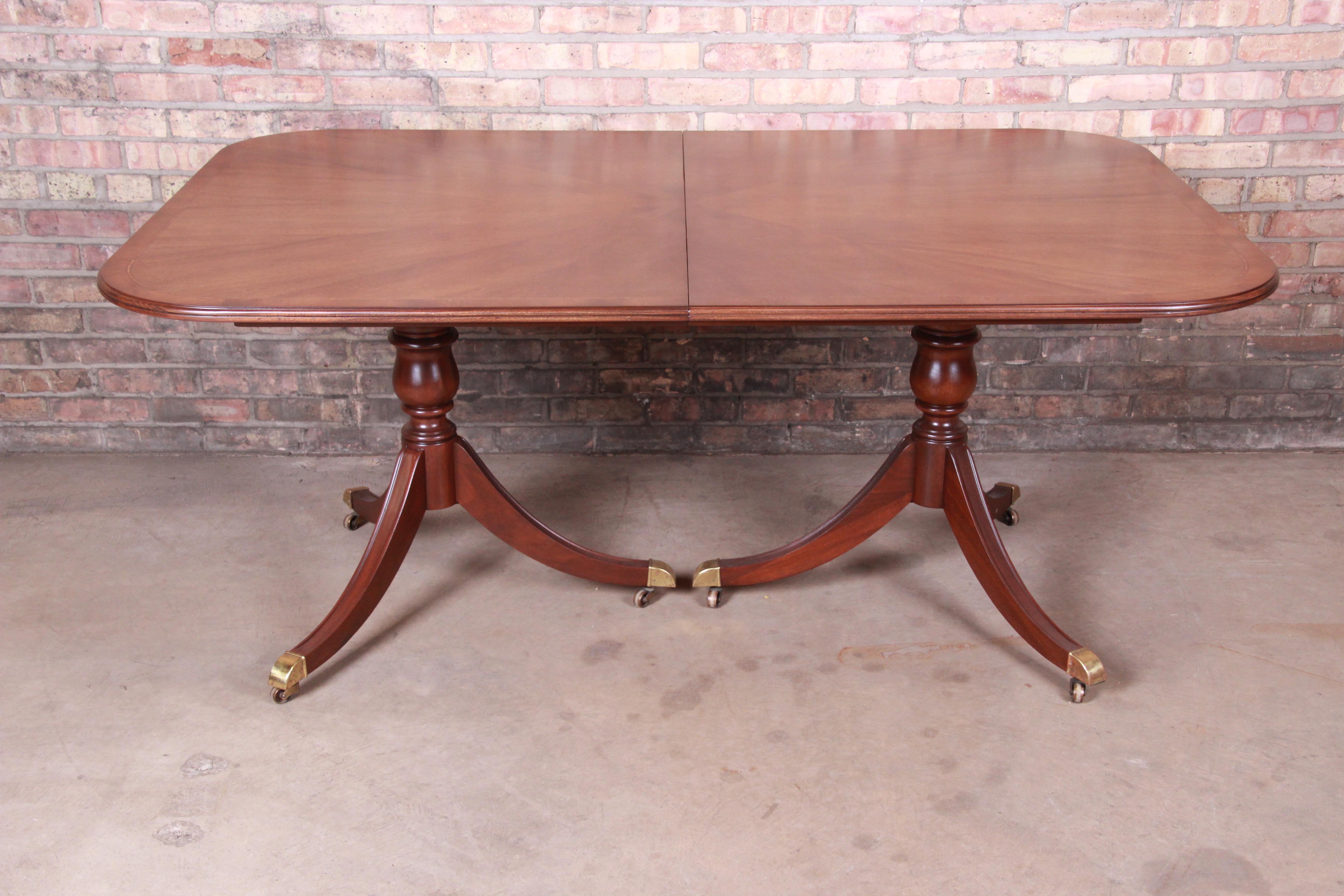 Brass Drexel Heritage Georgian Banded Mahogany Double Pedestal Dining Table, Restored
