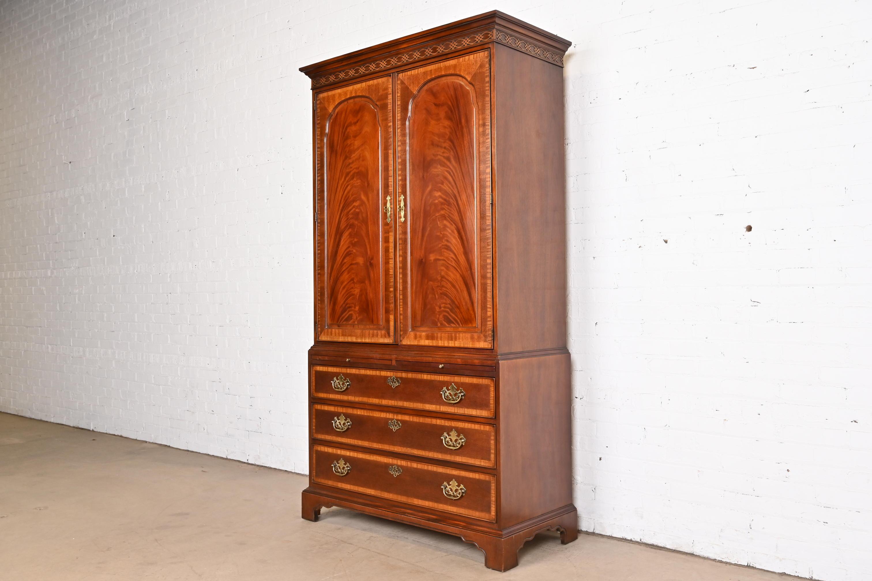 American Drexel Heritage Georgian Carved Flame Mahogany Armoire Dresser