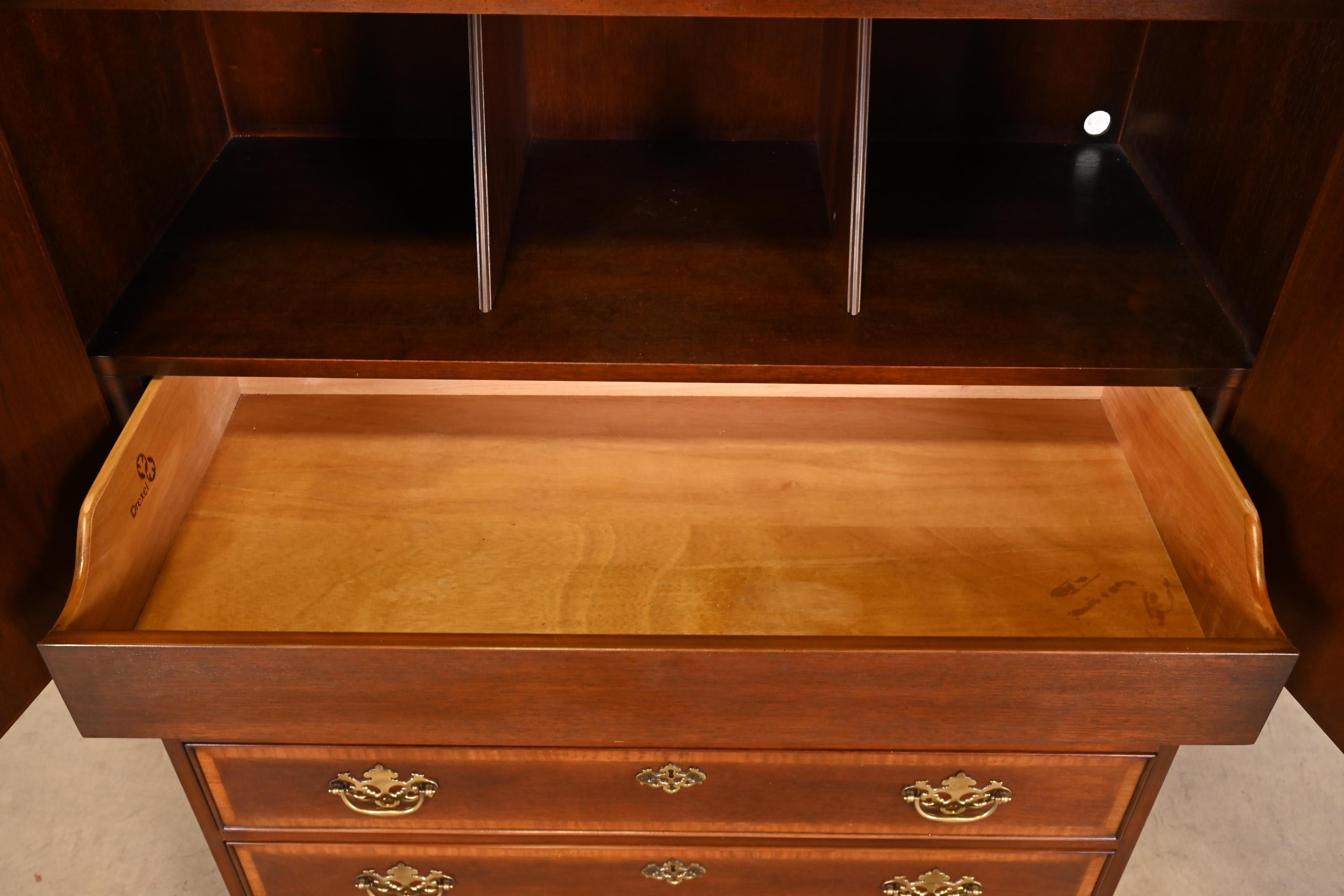 Brass Drexel Heritage Georgian Carved Flame Mahogany Armoire Dresser