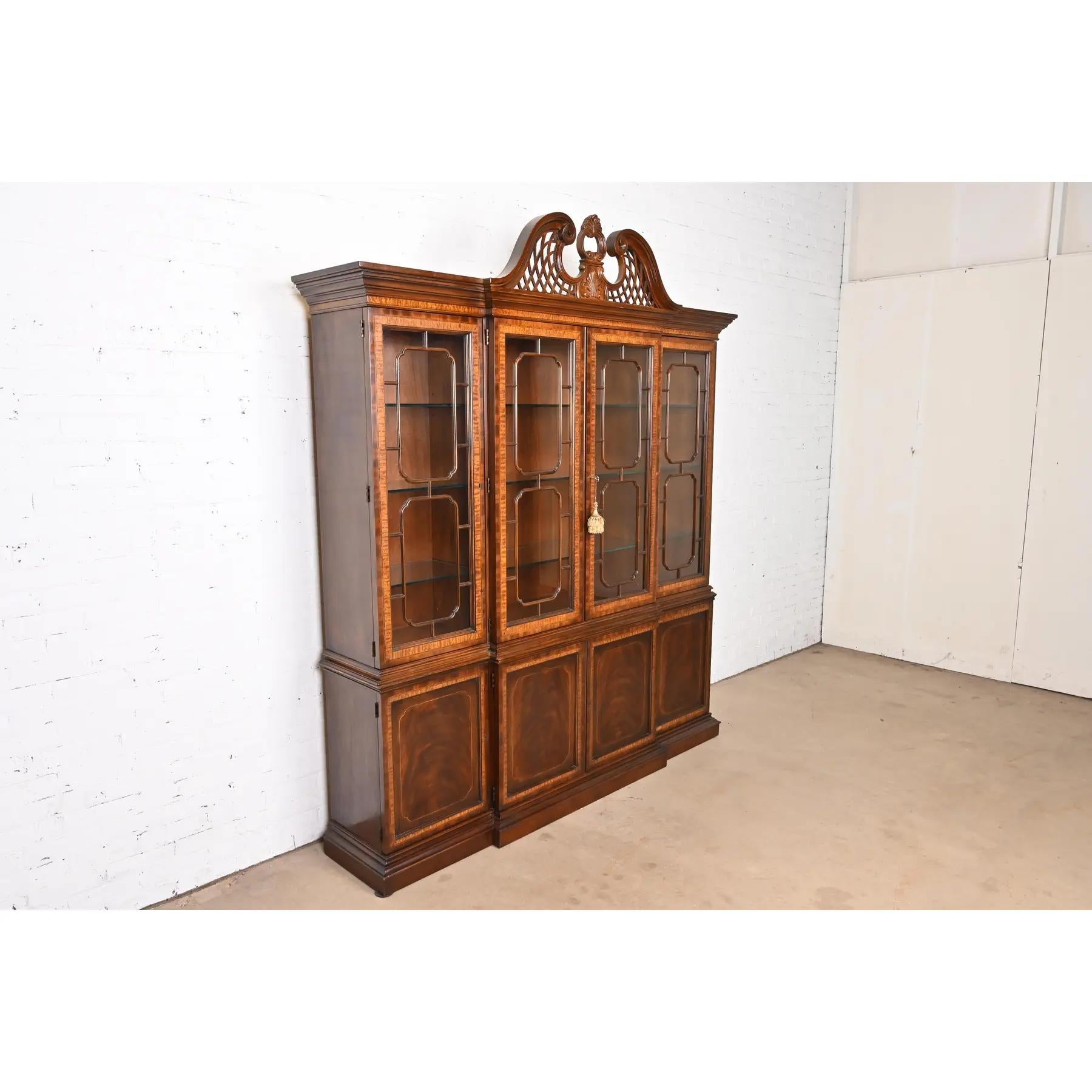 Late 20th Century Drexel Heritage Georgian Flame Mahogany Lighted Breakfront Bookcase Cabinet