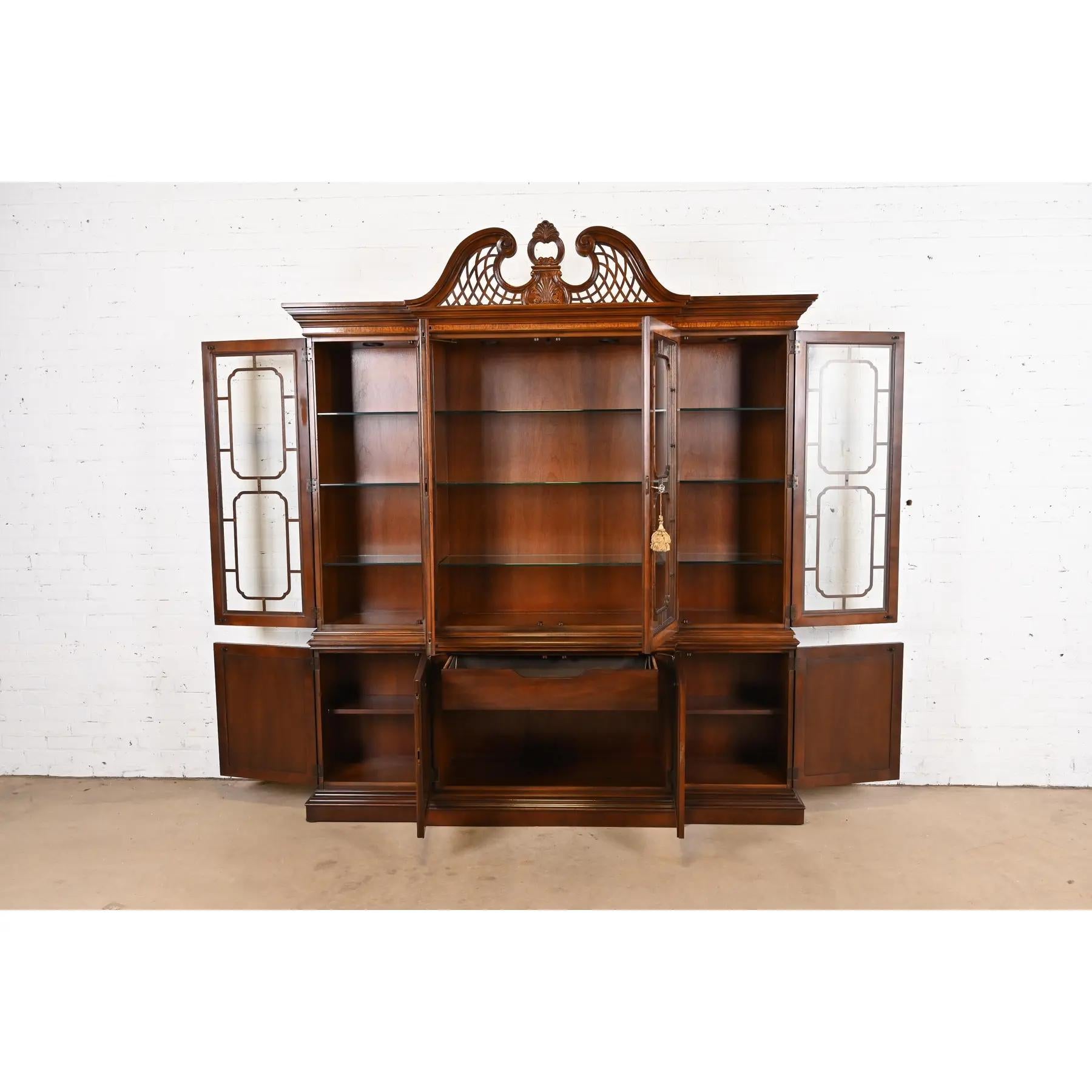 Glass Drexel Heritage Georgian Flame Mahogany Lighted Breakfront Bookcase Cabinet