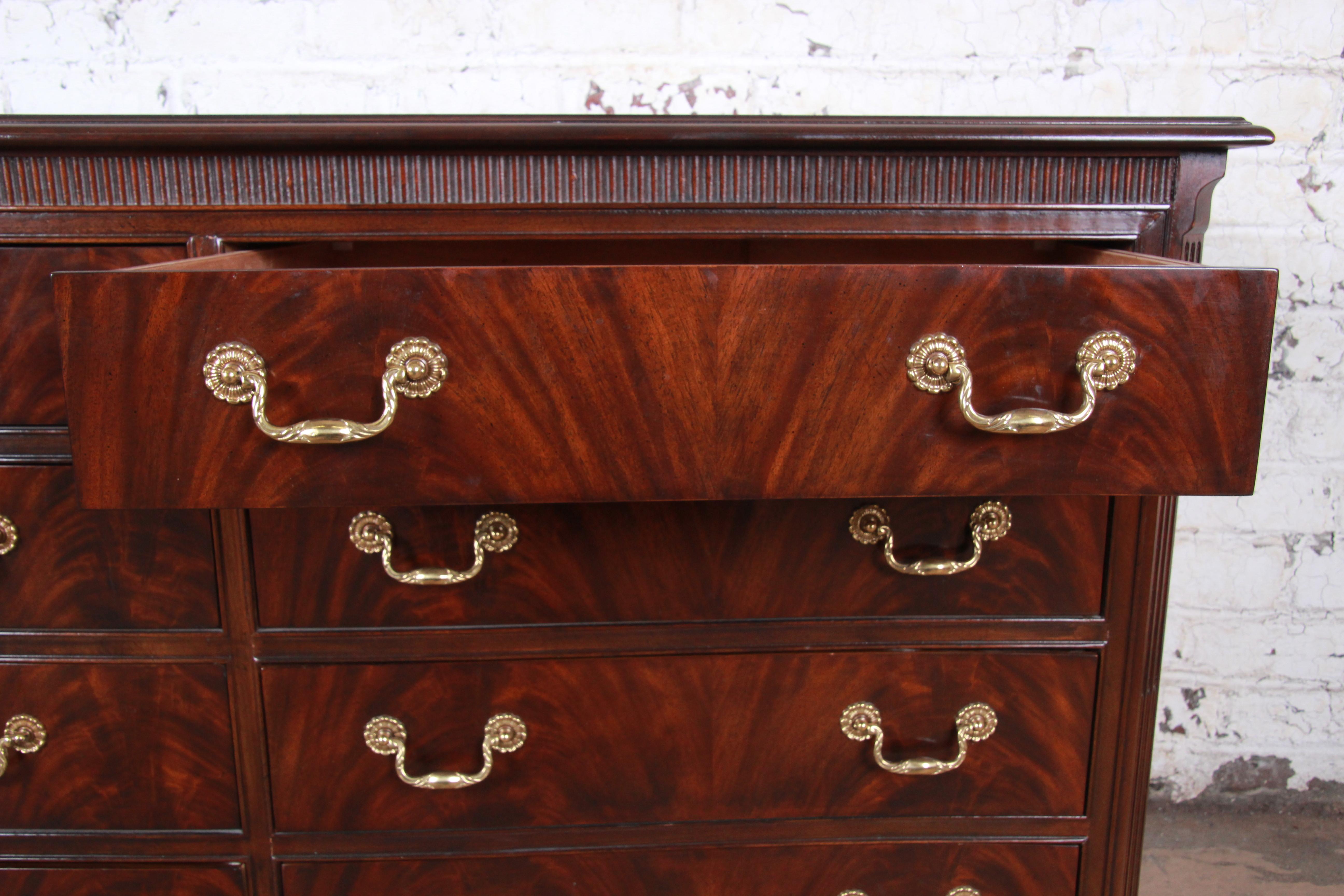 20th Century Drexel Heritage Georgian Flame Mahogany Twelve Drawer Triple Dresser or Credenza