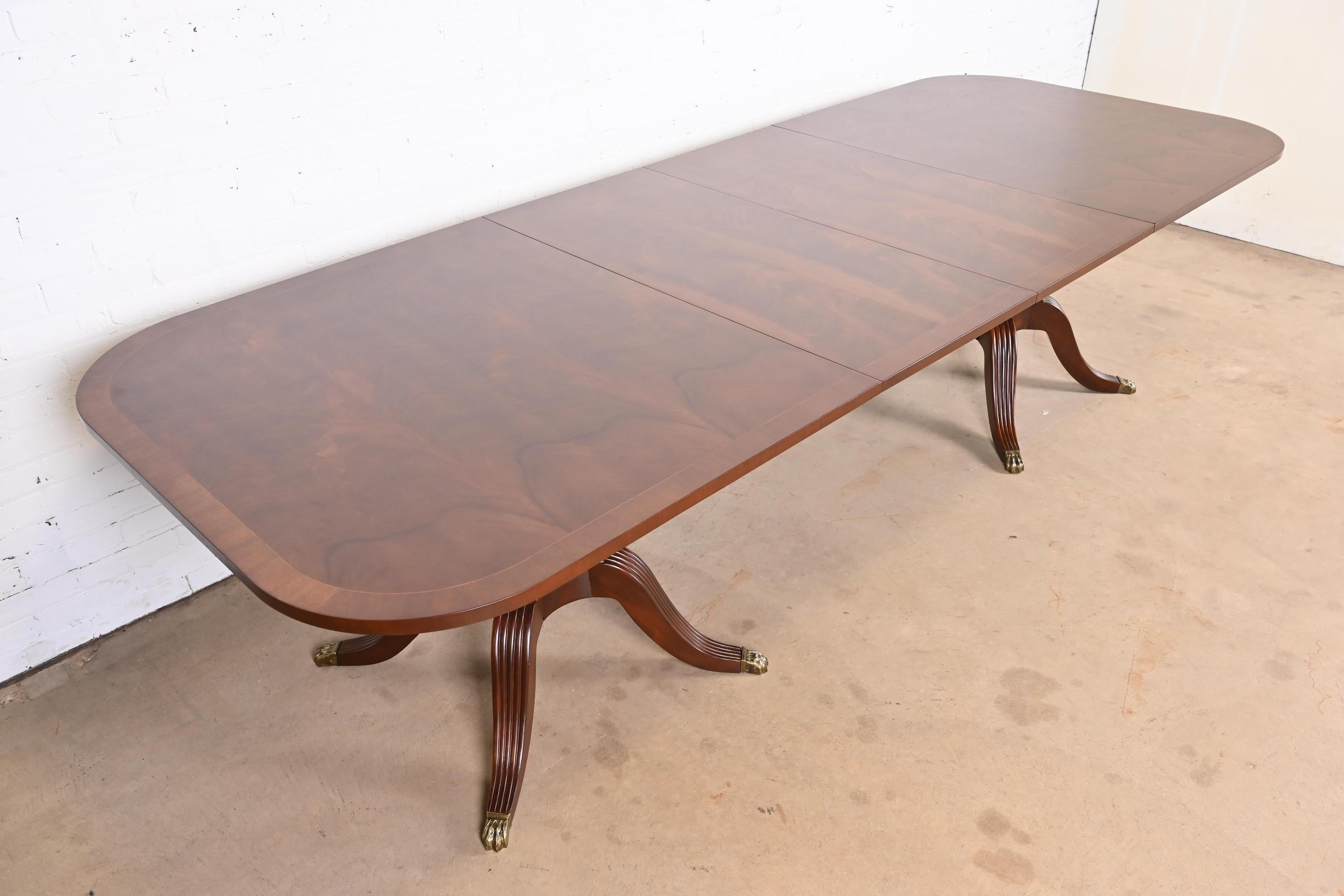 Brass Drexel Heritage Georgian Mahogany Double Pedestal Dining Table, Newly Refinished