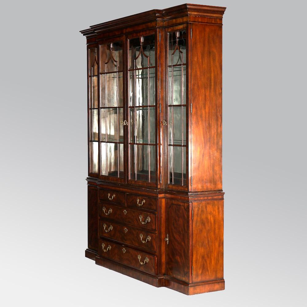 Inlay Drexel Heritage Georgian Style Flame Mahogany Banded & Inlaid Breakfront 20th C
