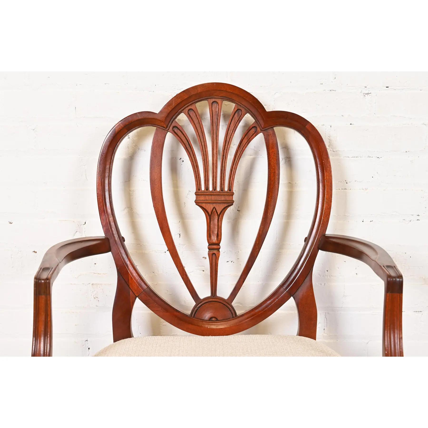 Upholstery Drexel Heritage Hepplewhite Carved Mahogany Dining Chairs, Set of Eight