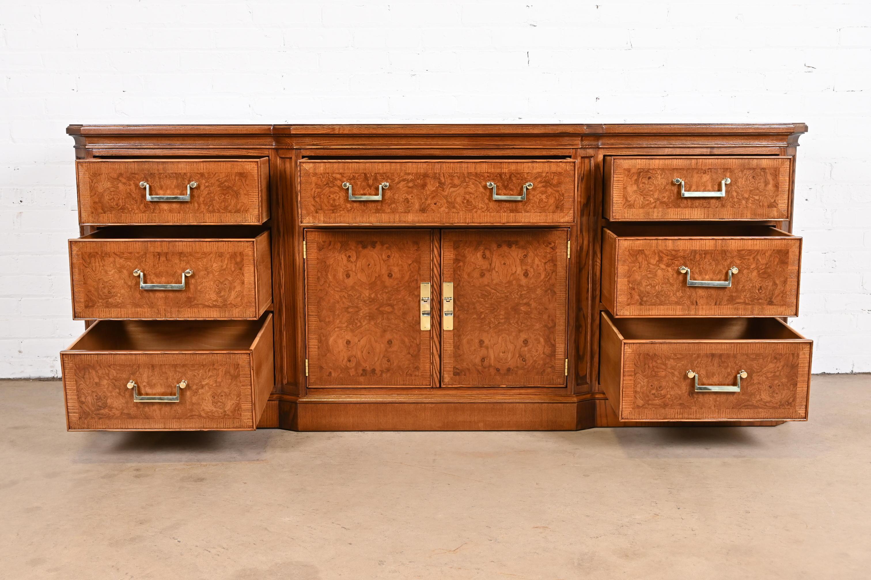 Brass Drexel Heritage Hollywood Regency Burl Wood Dresser, Newly Refinished