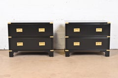Drexel Heritage Hollywood Regency Campaign Black Lacquered Nightstands, Pair