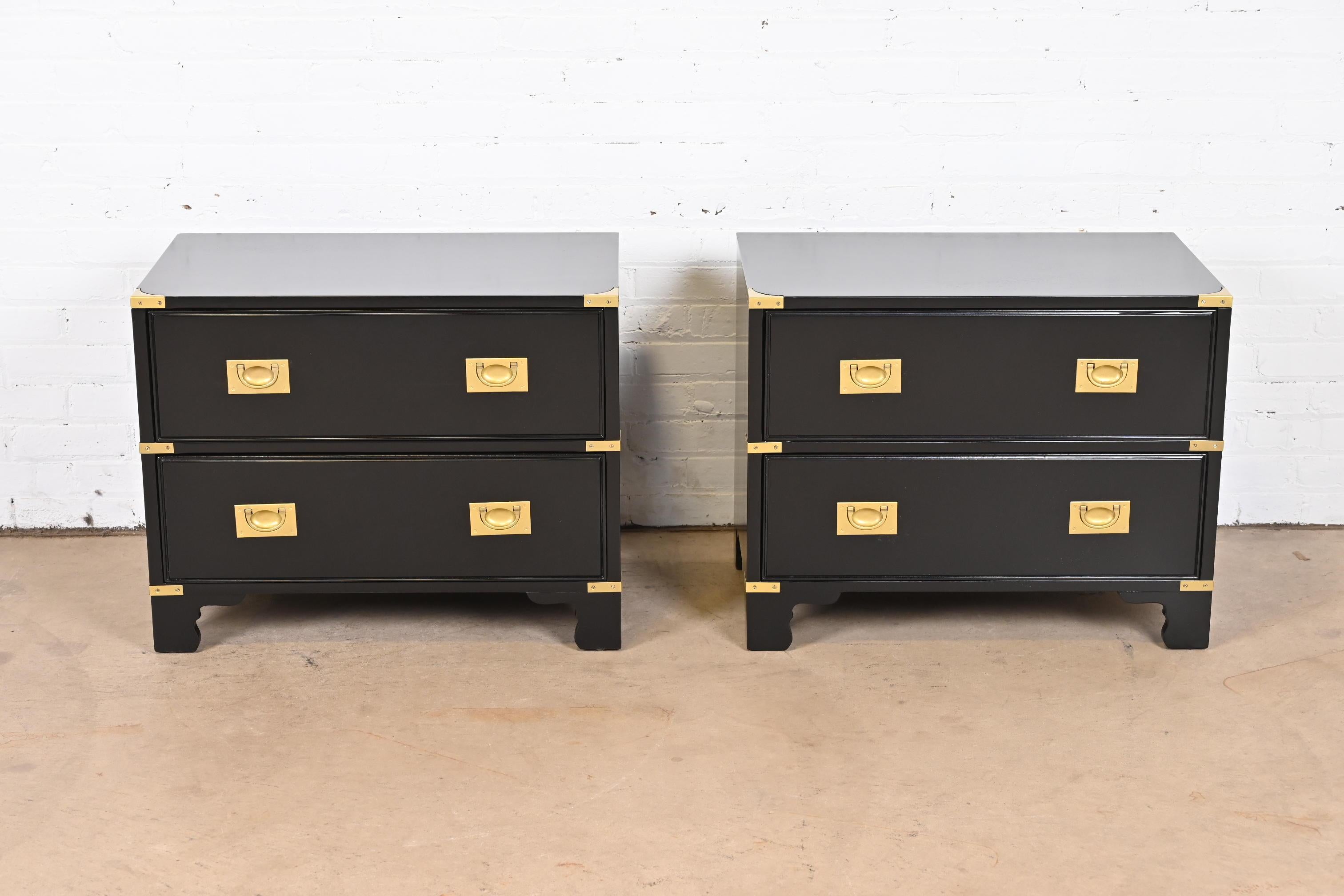 Mid-Century Modern Drexel Heritage Hollywood Regency Campaign Black Lacquered Nightstands, Pair