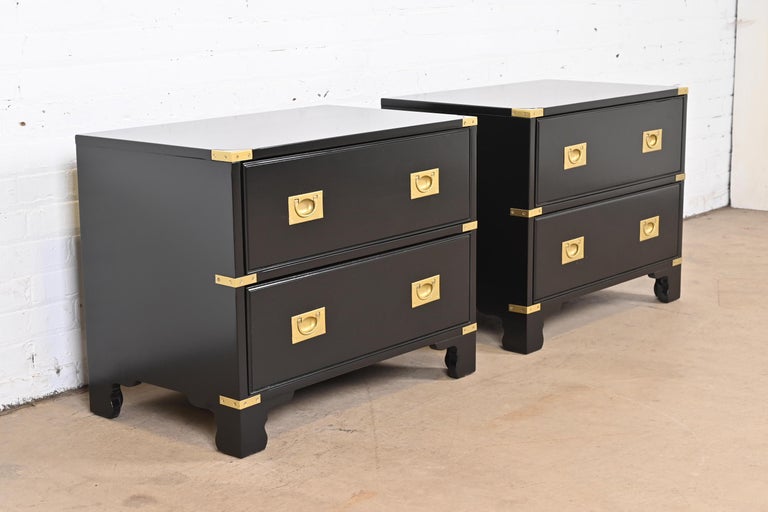American Drexel Heritage Hollywood Regency Campaign Black Lacquered Nightstands, Pair